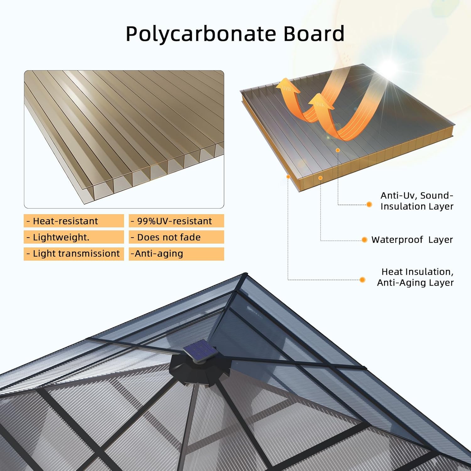 JUMMICO - tonnelle aluminium série jardin 3x3m, toit transparent, solaire, imperméable