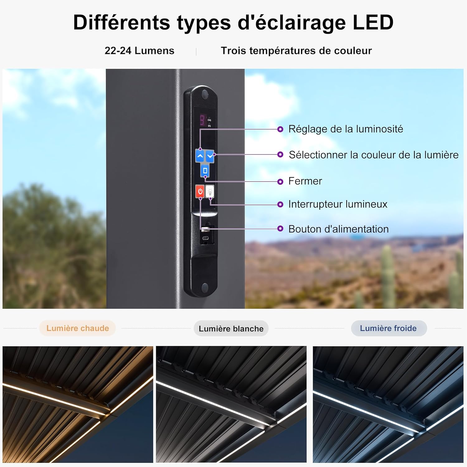 PURPLE LEAF - pergola bioclimatique - 3,5x6,35m - lames LED alu gris