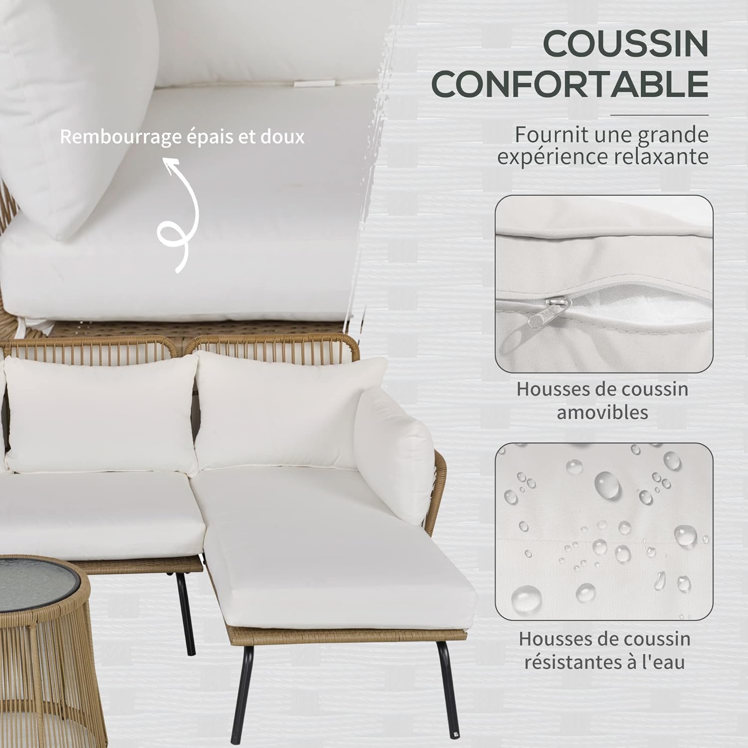 Outsunny - salon de jardin d'angle 4 places résine tressée - table basse, coussins confort, crème