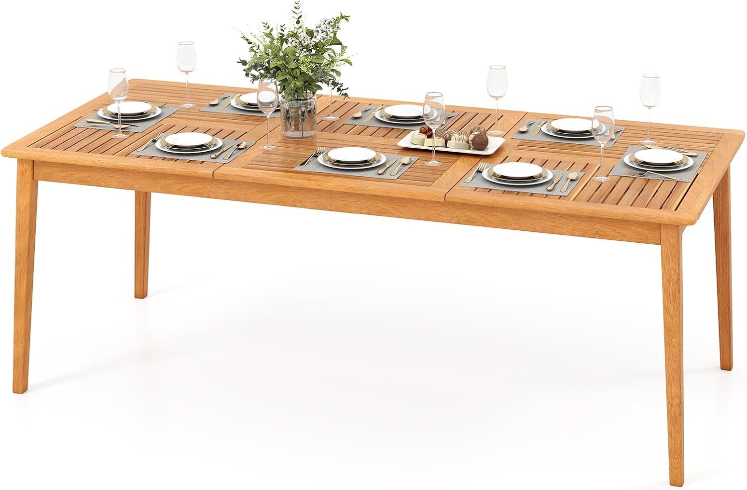COSTWAY - Table de jardin en bois d'acacia - 200x90 cm - 8 personnes, trou parasol 5 cm