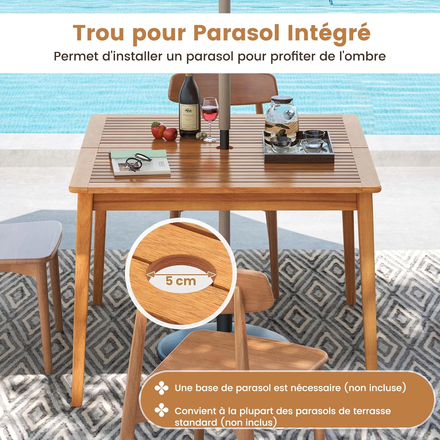 GOPLUS - table de jardin en bois d'acacia 100x100 cm - 4 places, trou pour parasol