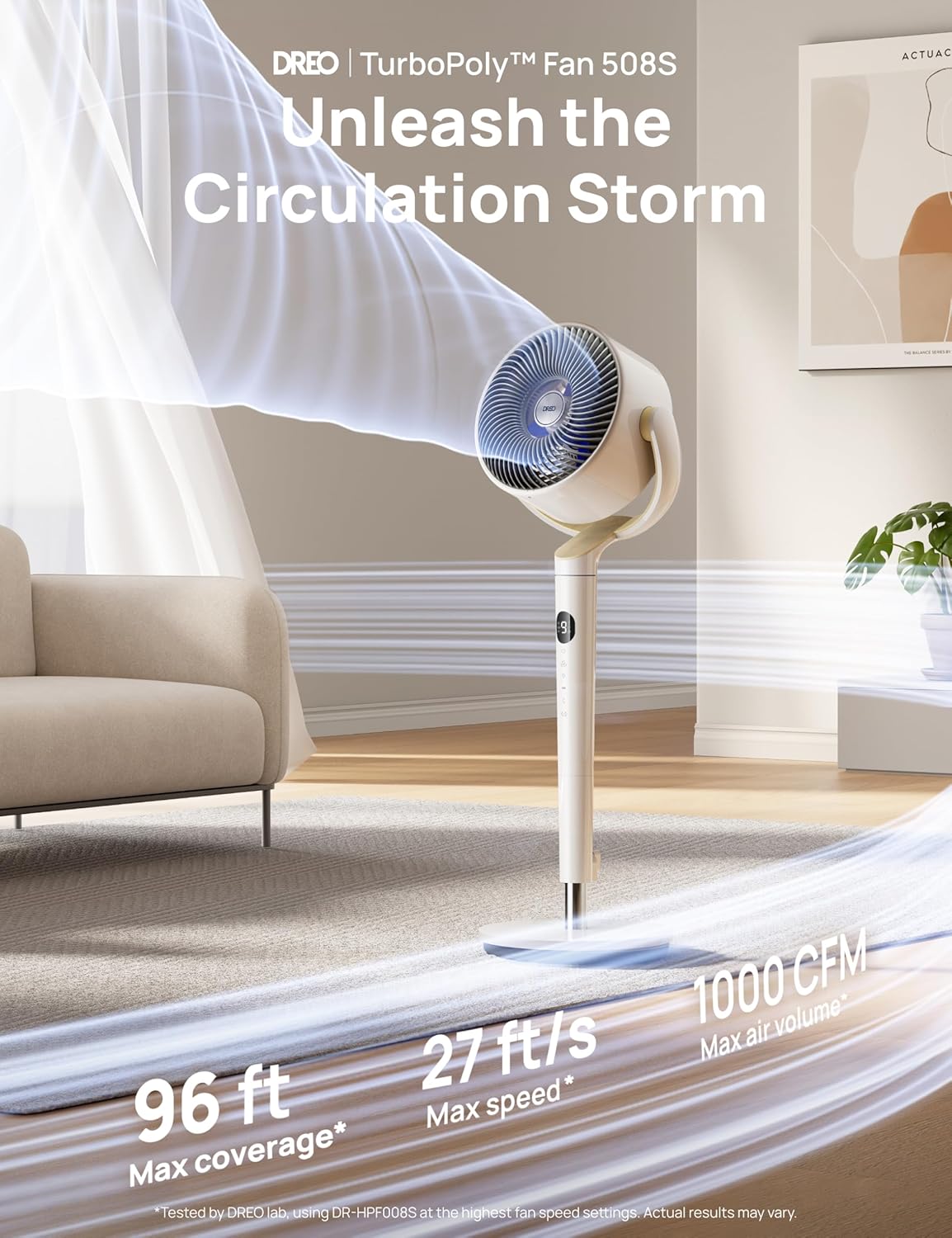 Dreo 23dB Intelligent ventilateur sur pied silencieux, 24M portée, volume d'air 1200m³/h, turbo circulateur, 102CM hauteur, 6 modes, 8 vitesses, oscillation omnidirectionnelle 120°+120°, PolyFan 502S
