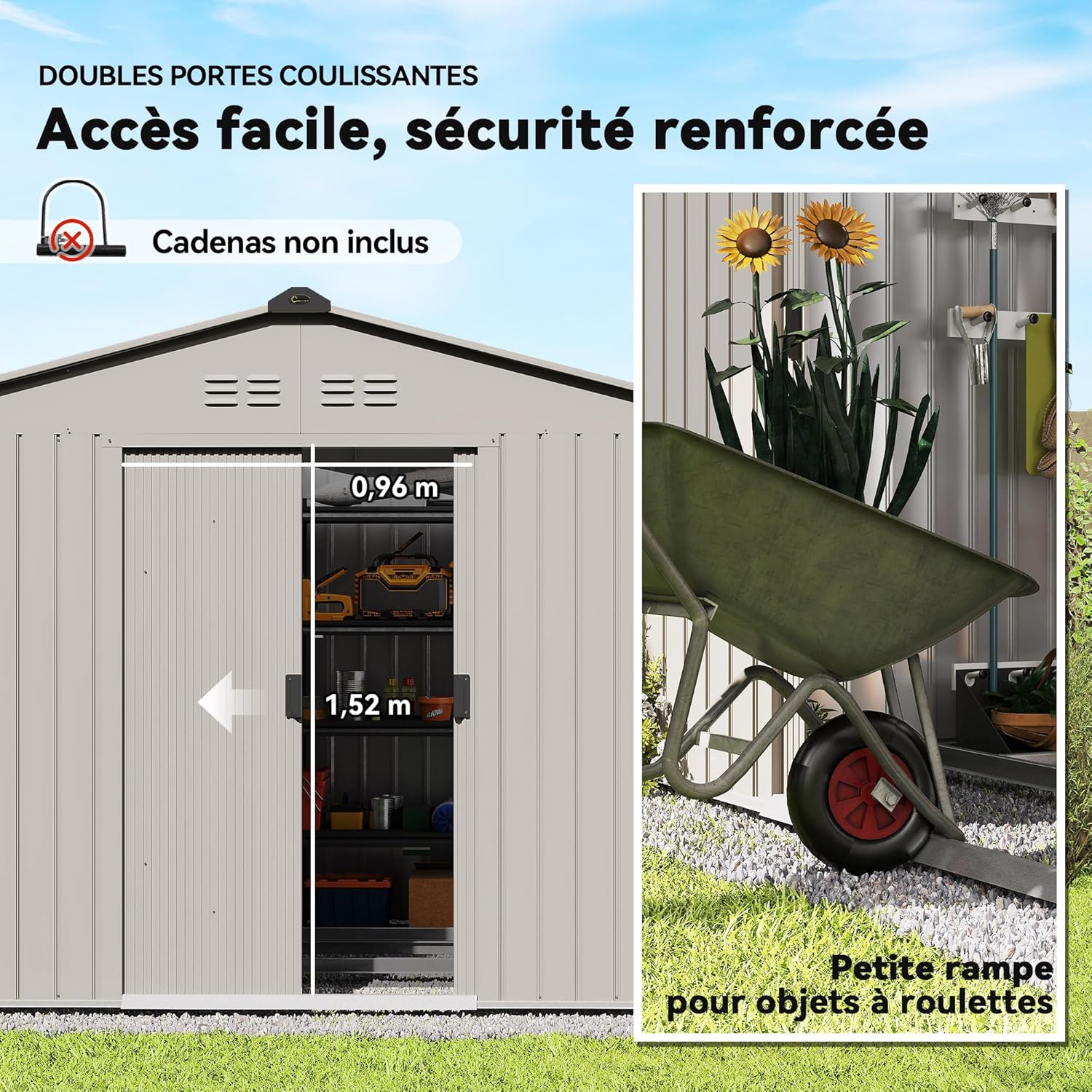 Outsunny Abri de Jardin en Acier galvanisé XXL 5,4 m² avec kit de Fondation 277x195x192cm, cabane de Jardin Toit en Fibre de Verre, cabanon Rangement Outils Portes coulissantes 4 aérations Gris