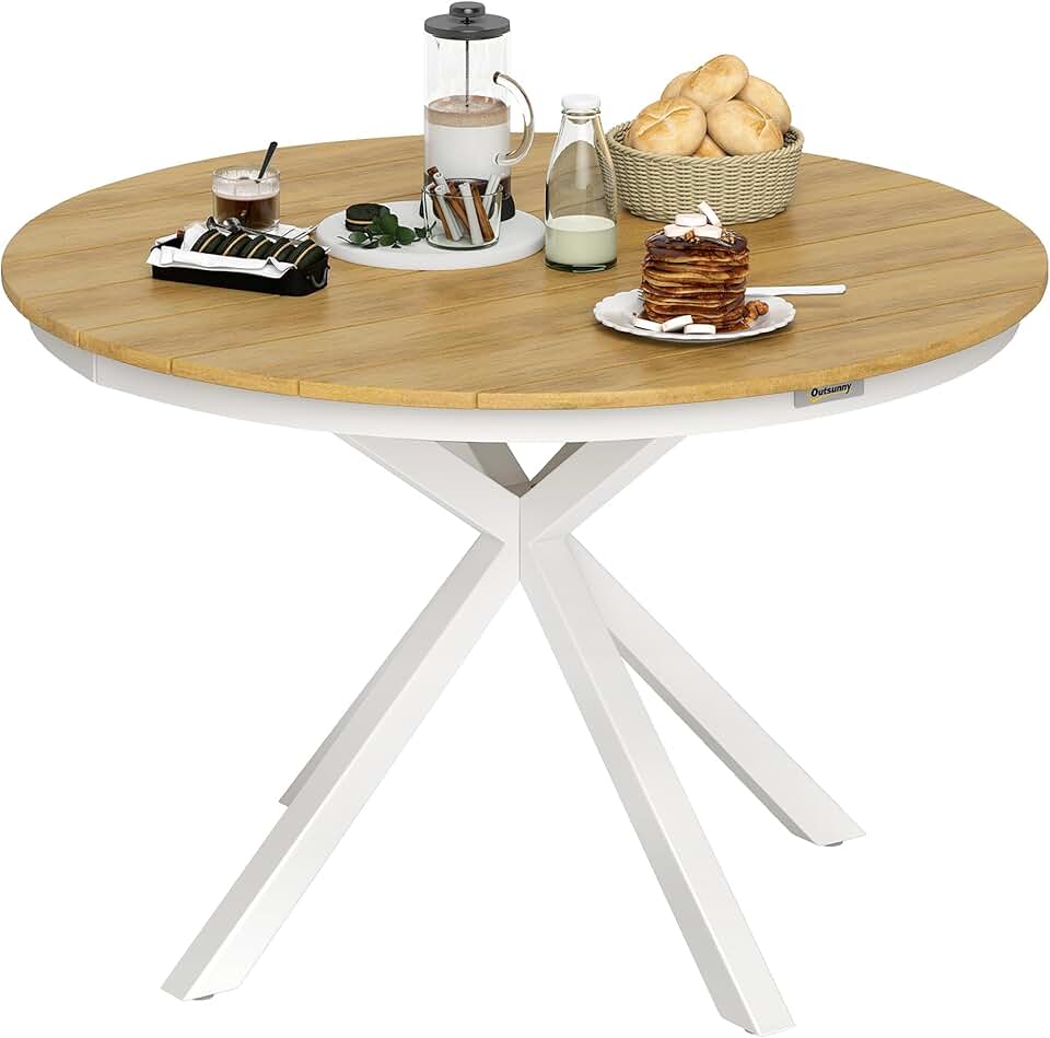 Outsunny - table ronde de jardin ø118 cm - aluminium, effet bois, pieds réglables