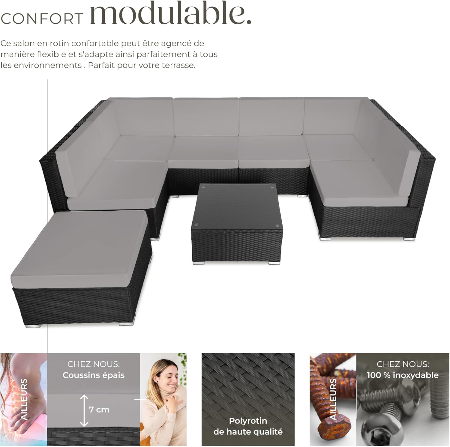 tectake - Salon de Jardin modulable 6 places, confort rotin, table + pouf, noir/gris
