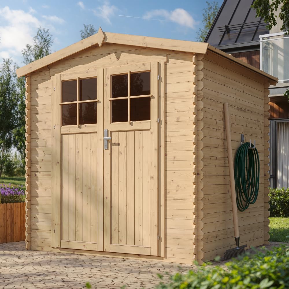 Abri de Jardin en Bois avec Sol TRAITÉ Porte verrouillable de Haute qualité - Stockage extérieur I216xL206xH218 cm/ 3.53 m2 - Toit imperméable, fenêtres TIMBELA M343F+M343G