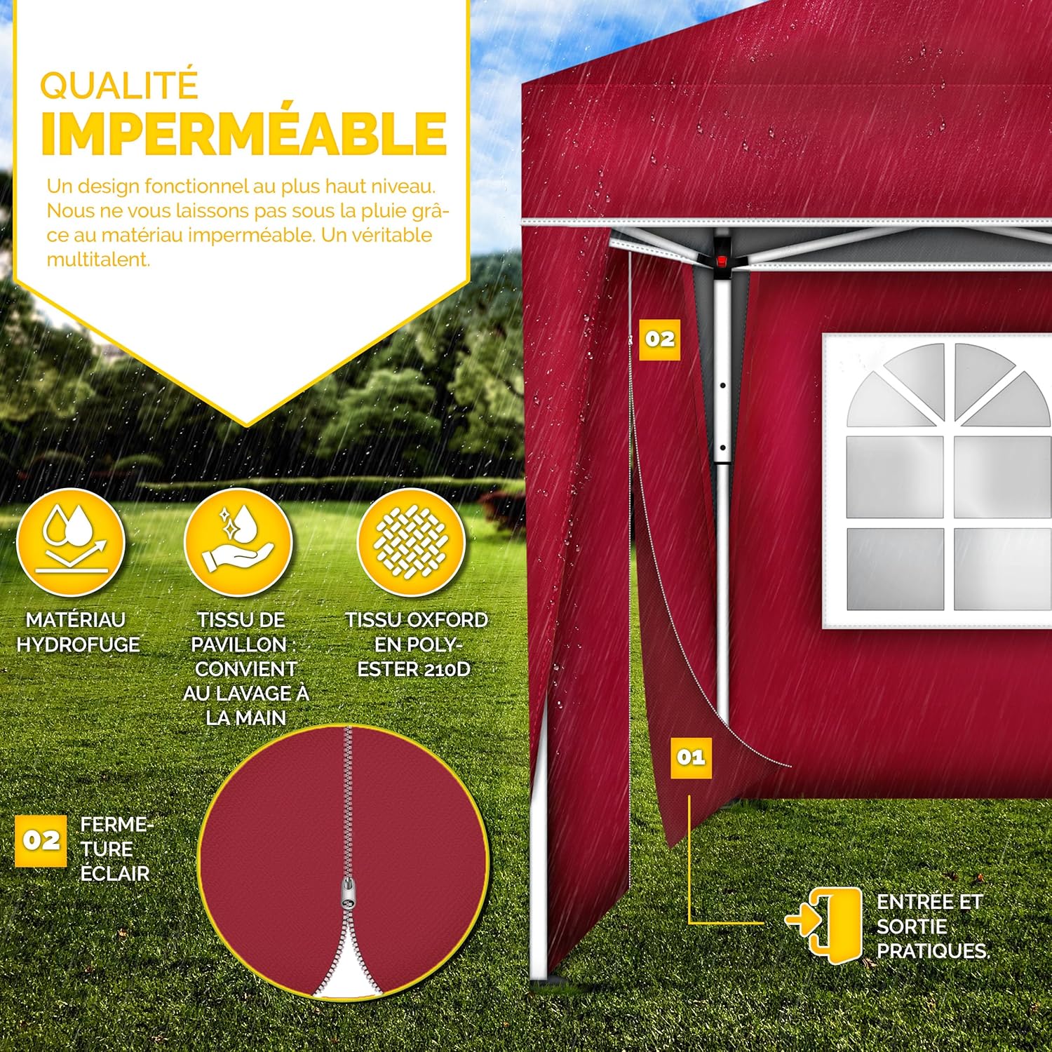 tillvex - tonnelle pliante 3x3m - 2 côtés, réglable, UV50+, sac inclus