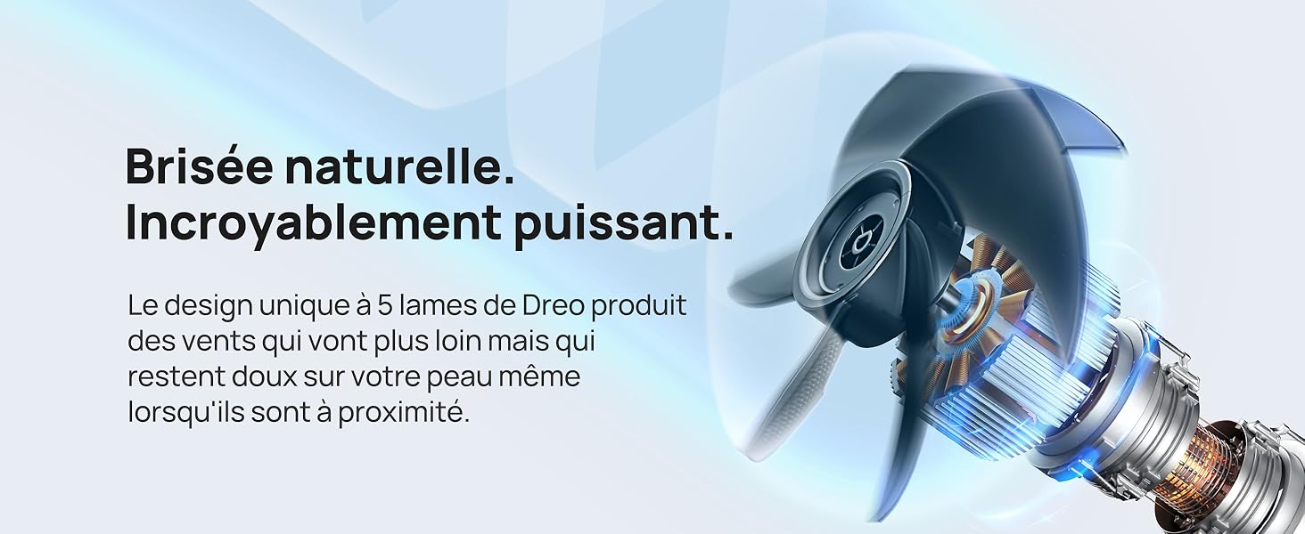 Gros plan d'une pale de ventilateur électrique bleue au design incurvé unique. Le texte français le décrit comme une brise naturelle incroyablement puissante.