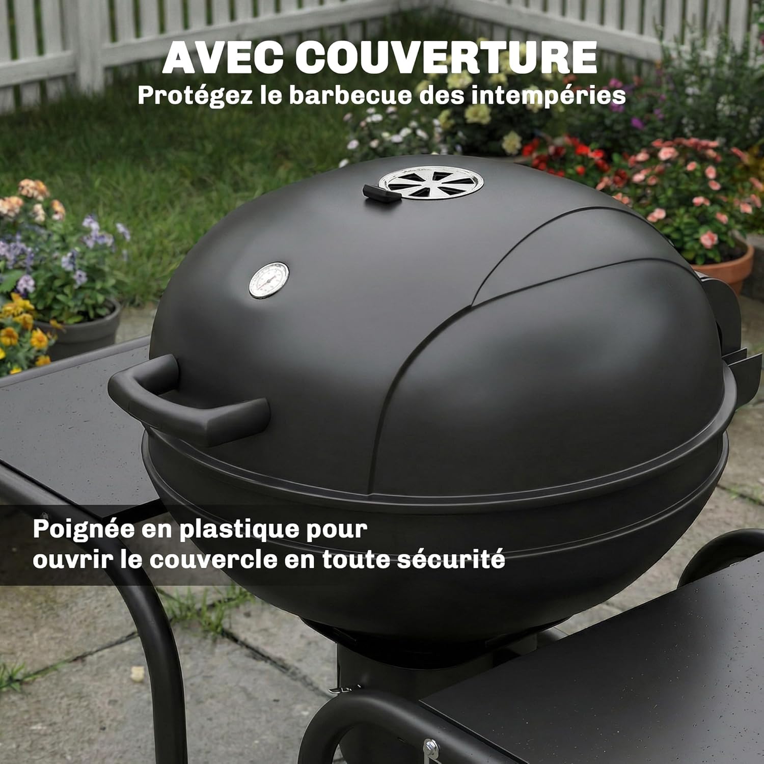 Outsunny - barbecue rond extérieur - 66x55x98cm - couvercle, roues, thermomètre