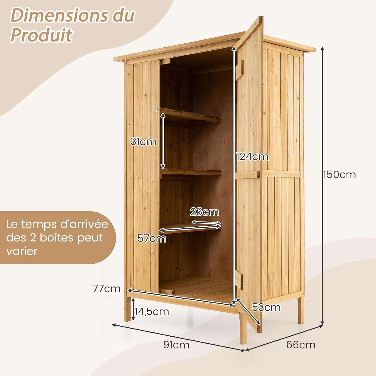 COSTWAY - armoire jardin bois - 3 étagères, toit asphalte, porte verrouillée