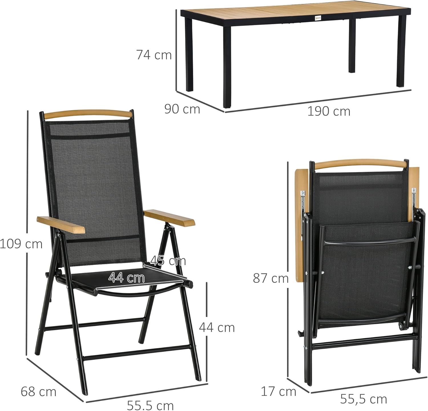 Outsunny - Salon de jardin aluminium 190 cm, 6 chaises pliables inclinables, bois naturel