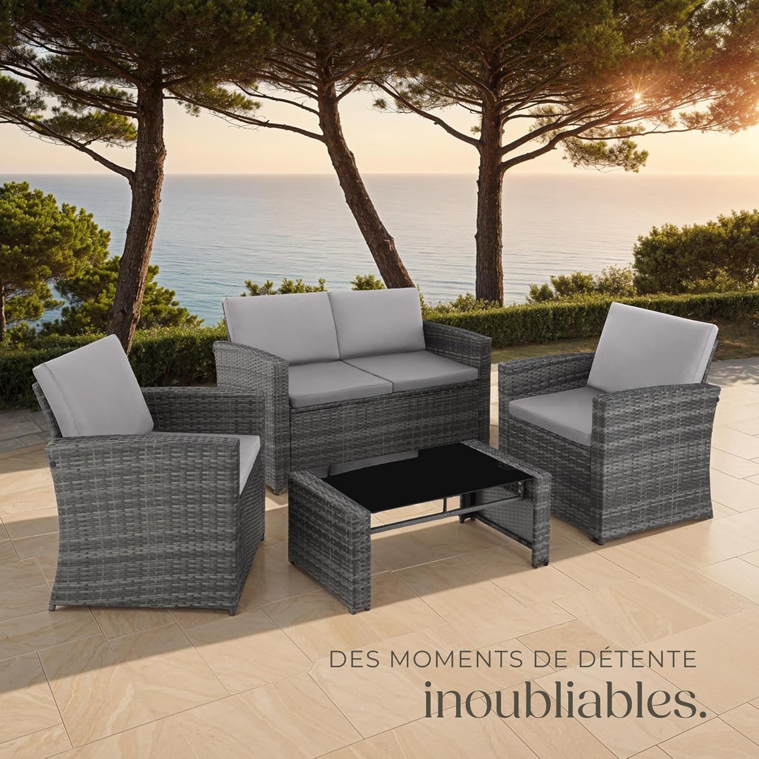 tectake - Salon de jardin 4 places, résine tressée, canapé, 2 fauteuils, table verre, coussins inclus, Gris/Gris Clair