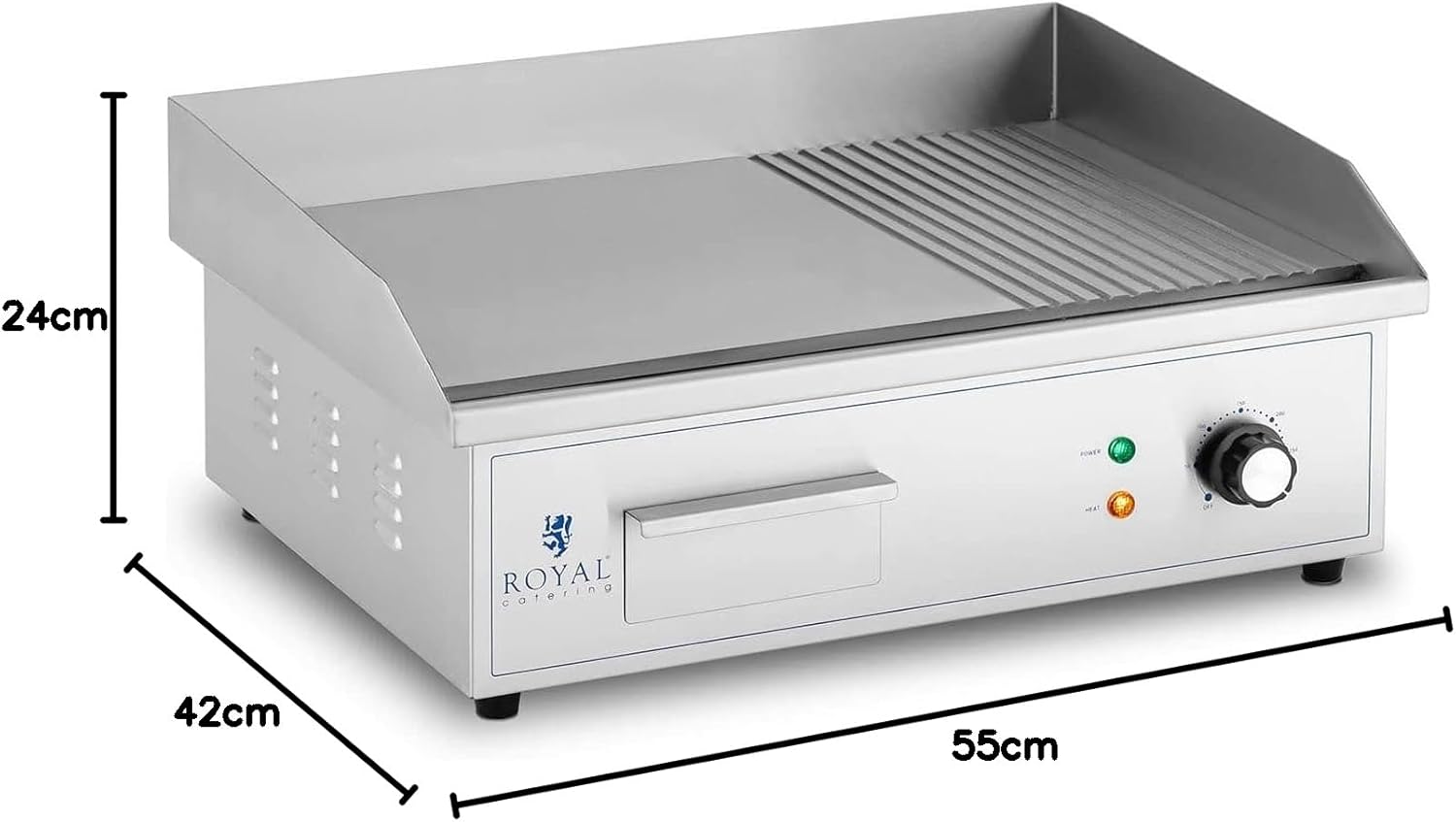 Royal Catering - Plancha électrique professionnelle - 548x350 mm - 3000 W, plaque lisse et rainurée - RCPG42-M