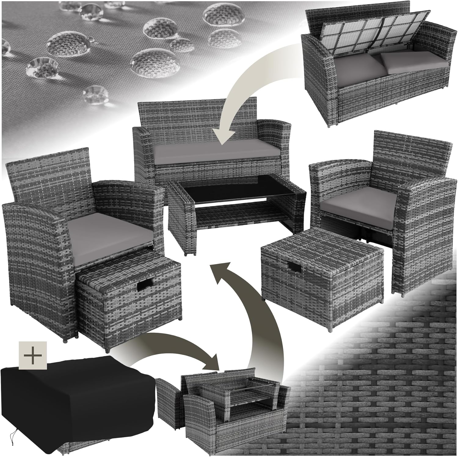 tectake - Salon de jardin polyrotin 6 places, housse incluse, gris