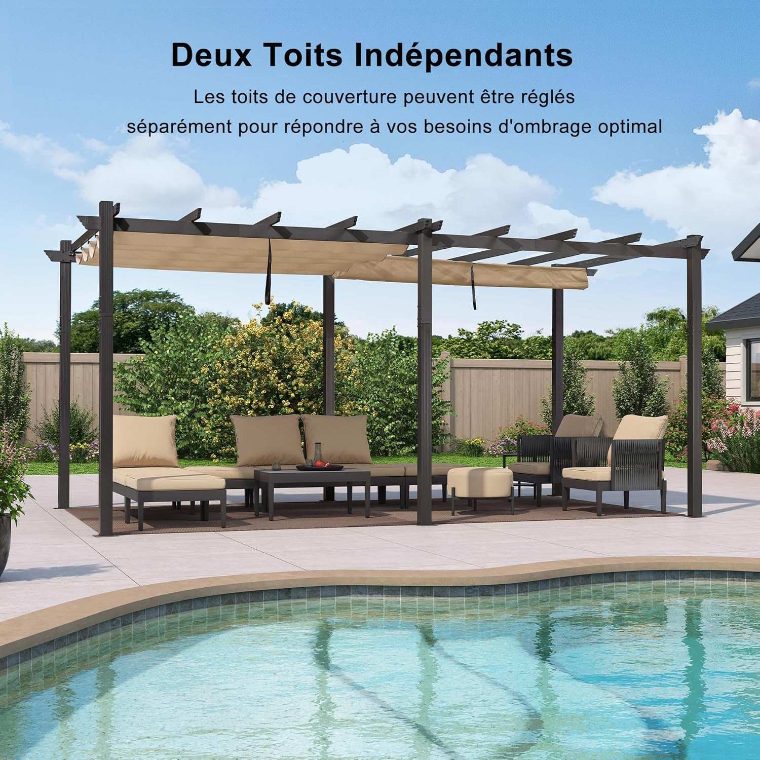 PURPLE LEAF - Pergola aluminium série - 5,5x3,5m - toit coulissant, tissu teint en fil, kaki
