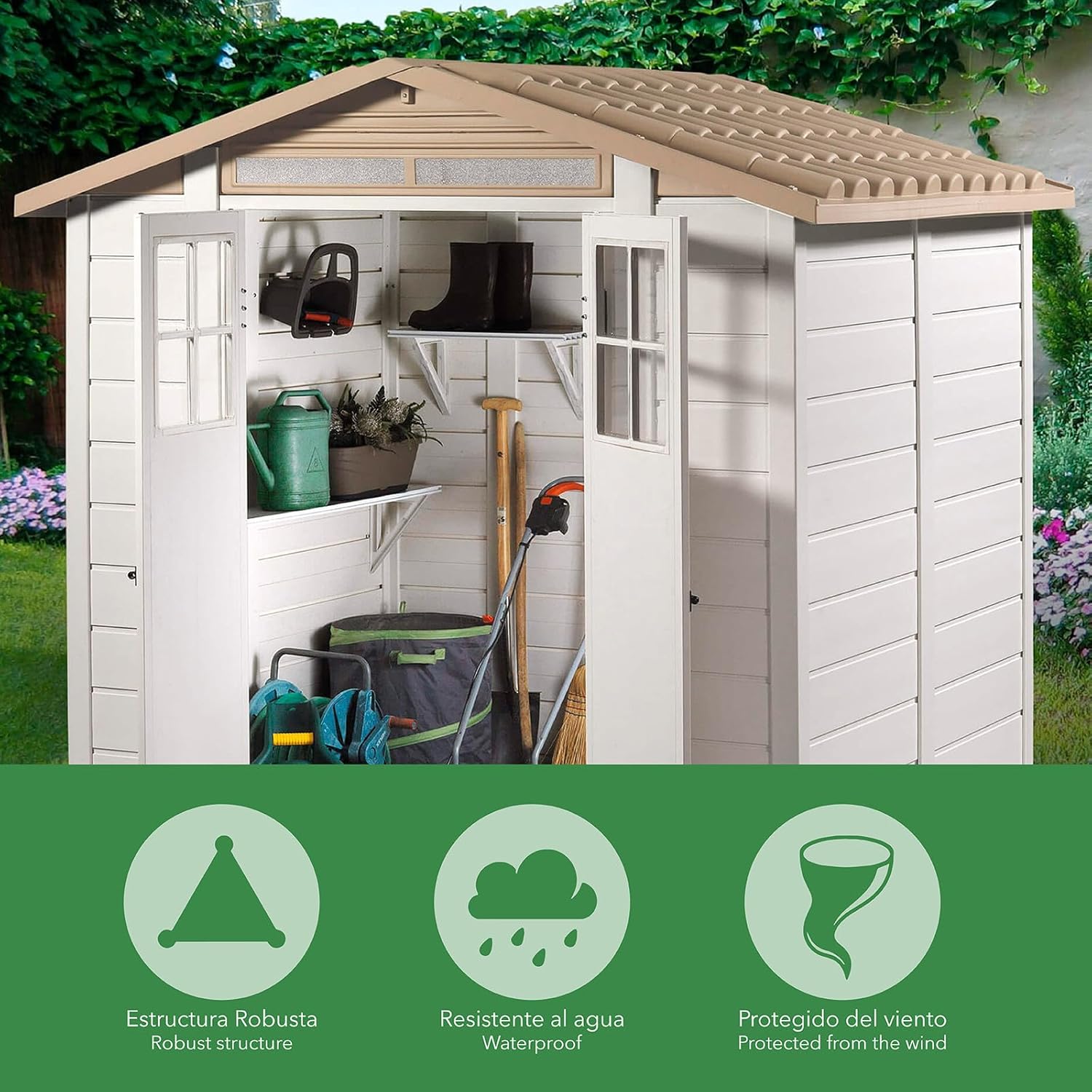Gardiun - Tuscany Evo - 181x220x216 cm - abri de jardin résine 4 m², blanc/beige