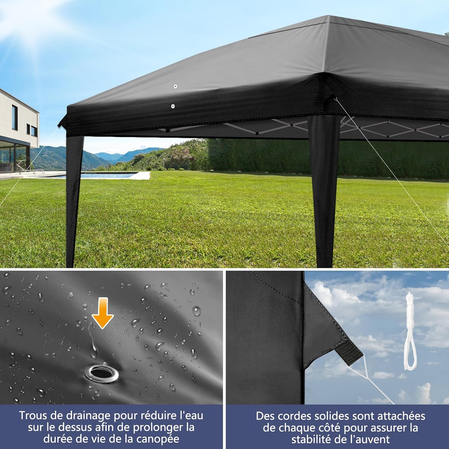 LEADZM - tonnelle pliante série 3x6m - acier, 6 côtés, UV50+, noir