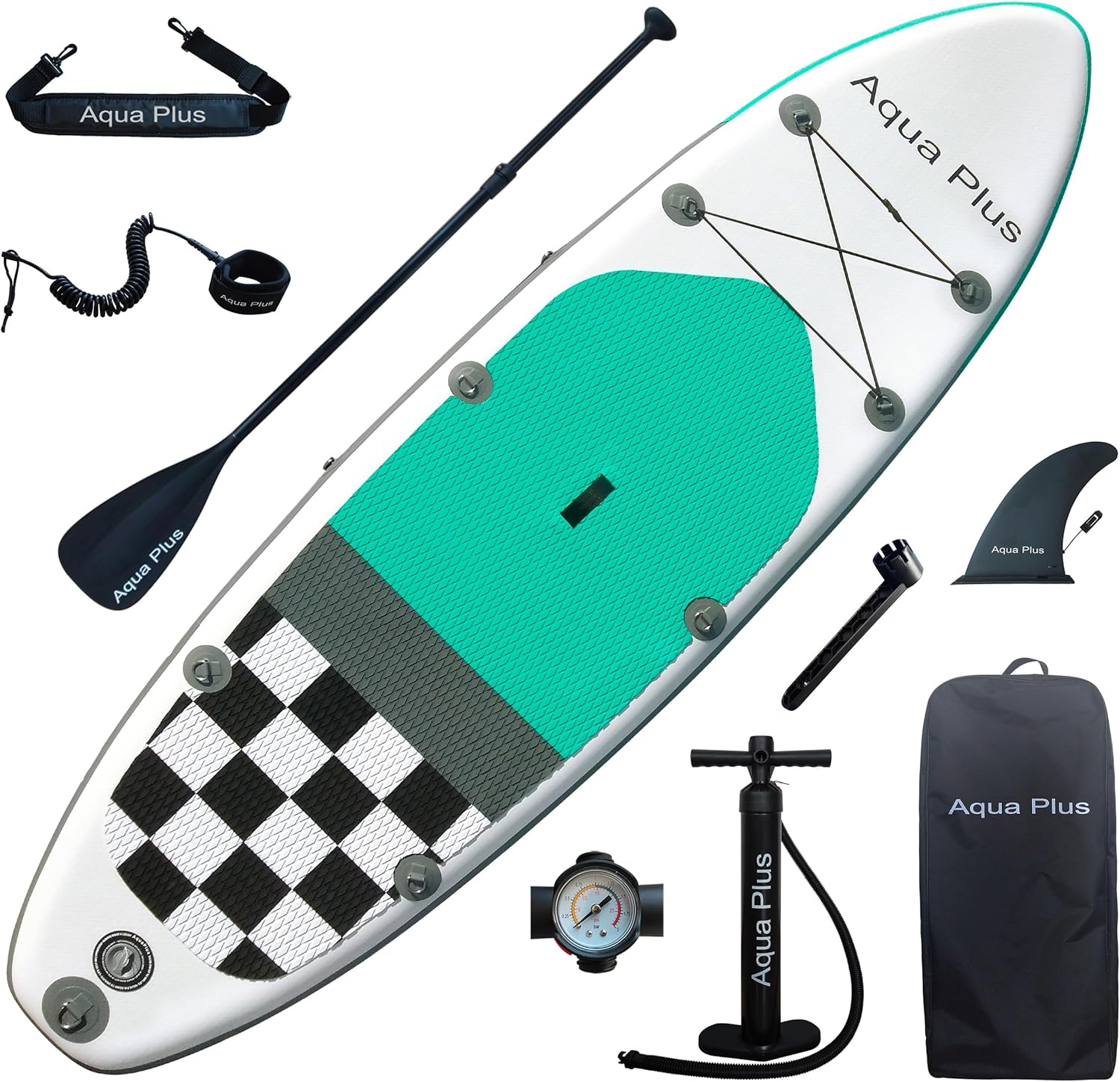 Aqua Plus Sup Gonflable de 15 cm d'épaisseur pour Tous Les Niveau x de compétence Planche à pagaie Debout, pagaie, Pompe, Sac à Dos de Voyage ISUP, Laisse, bandoulière, Jeune, Adulte