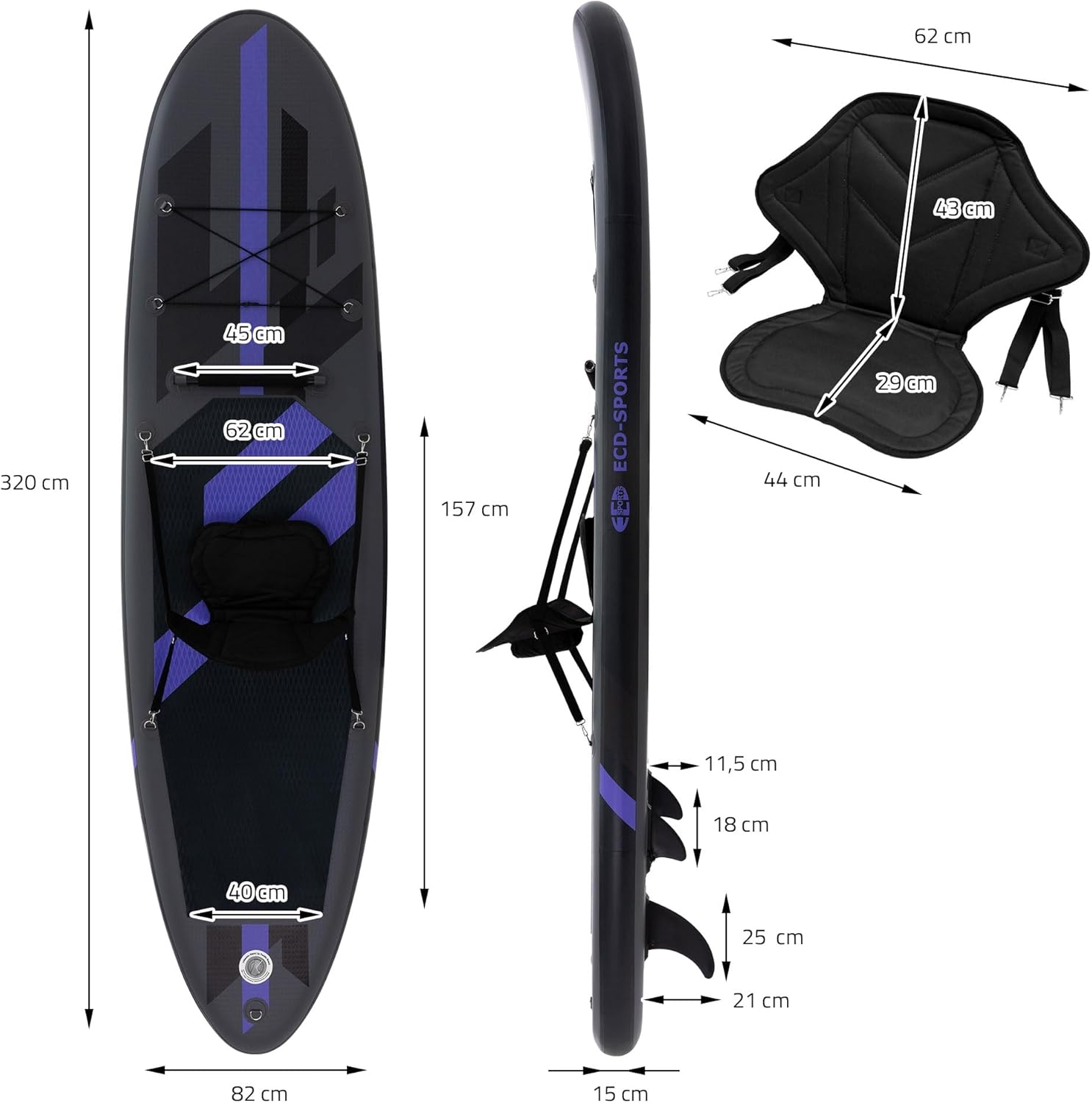 ECD Germany - Stand Up Paddle Gonflable - 305/308/320/380 cm - PVC, 120/150 kg, 10/15 cm