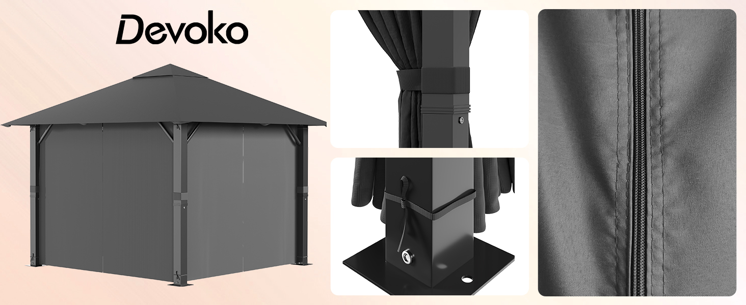de la marque Devoko montrant la construction en tissu gris foncé, le mécanisme de connexion des coins et le système de fermeture à glissière