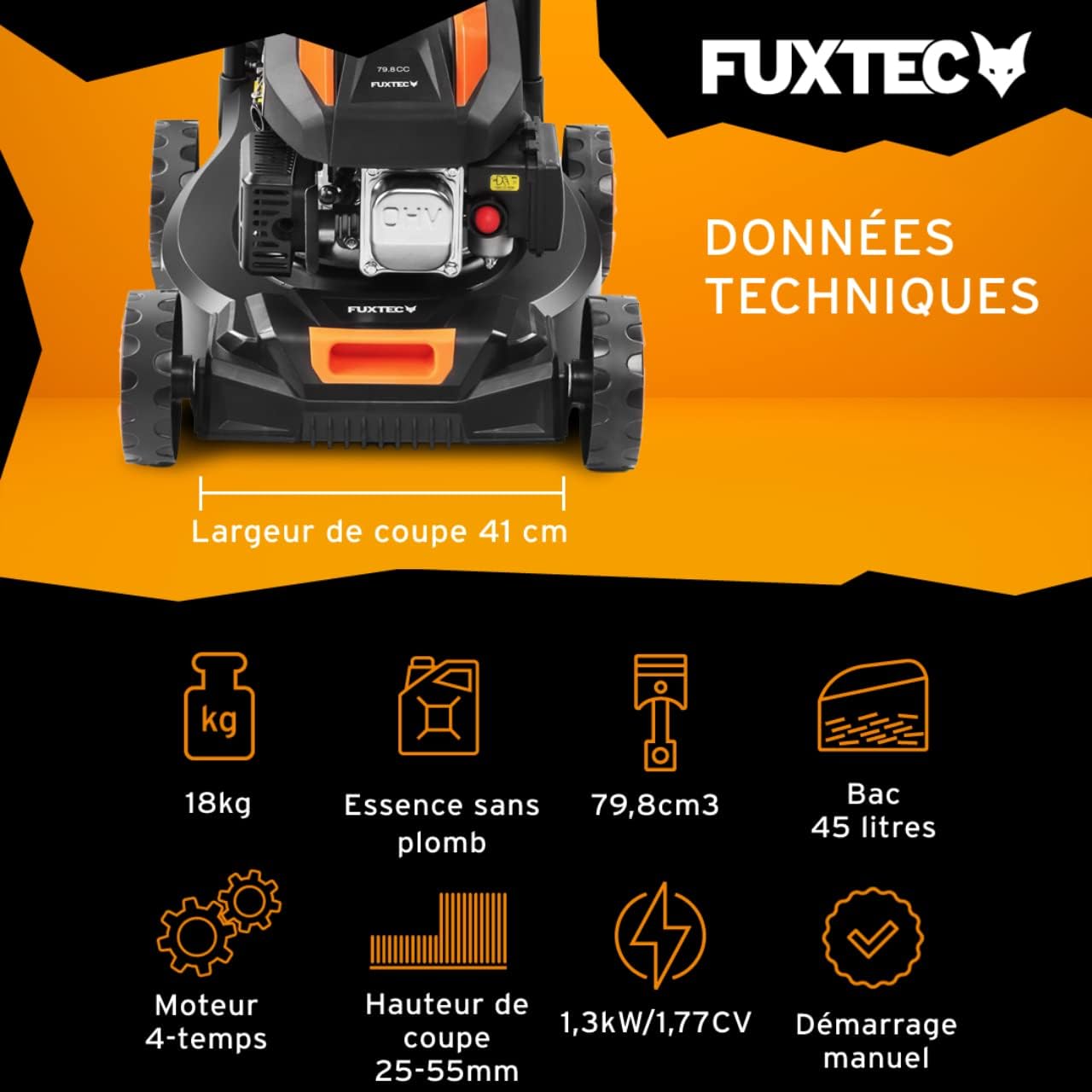 FUXTEC - Tondeuse thermique poussée série RM4180 - 40,6cm - légère, compacte, bac 45L - FX-RM4180