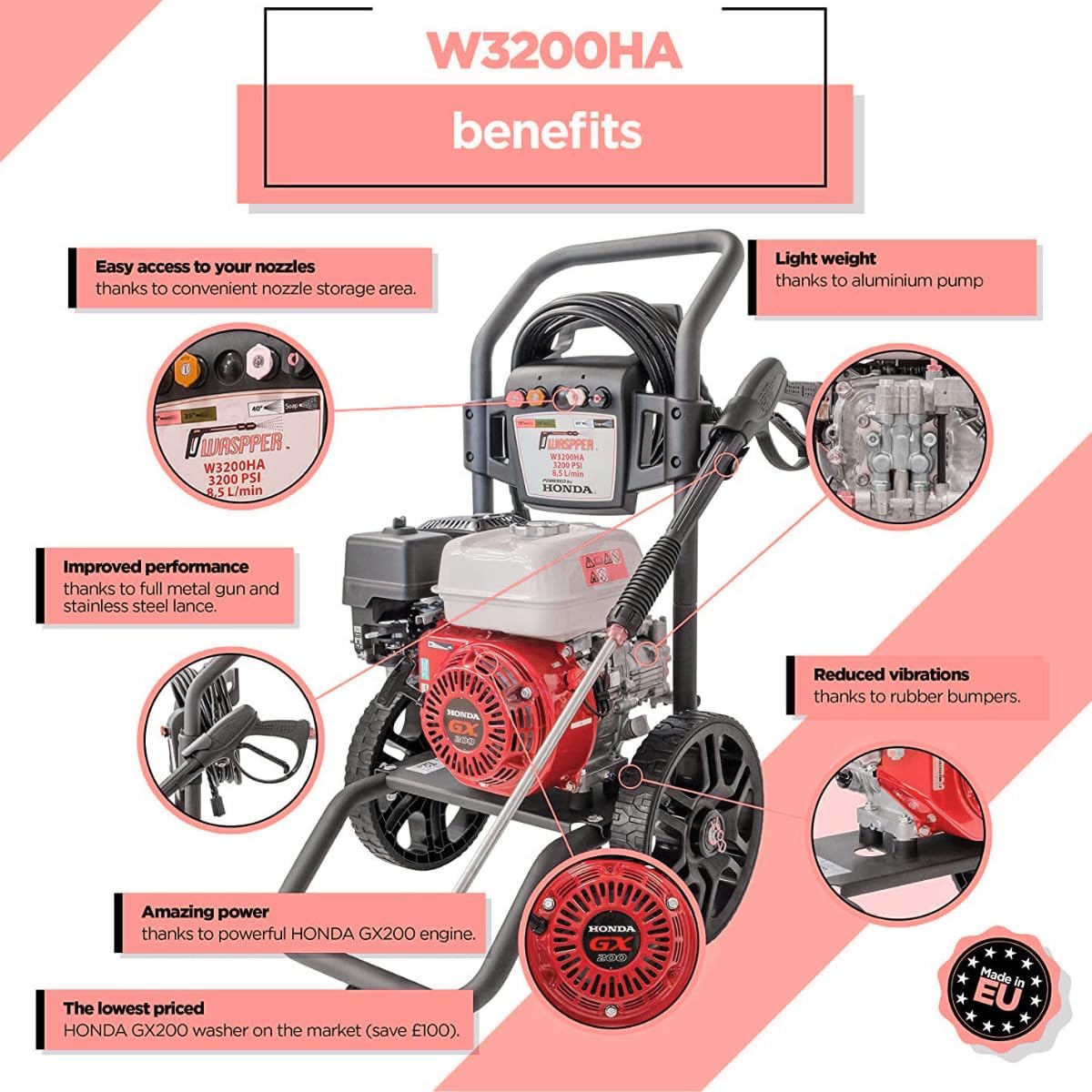 Honda - nettoyeur haute pression série GX 3200 PSI, 196 cc, portable, moteur essence, W3200HA
