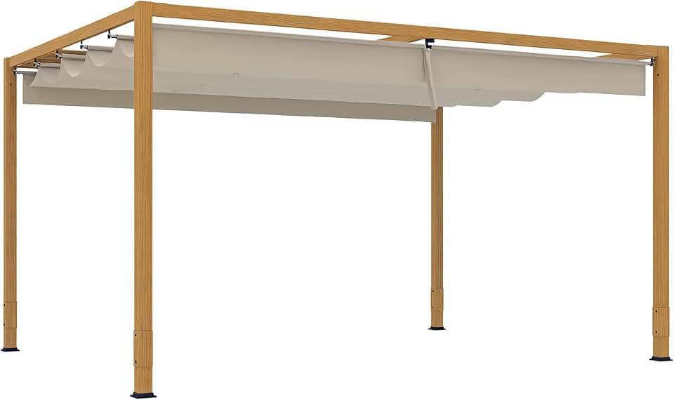 Outsunny - Pergola aluminium série bois naturel - 4x3m - toit rétractable, drainage intégré