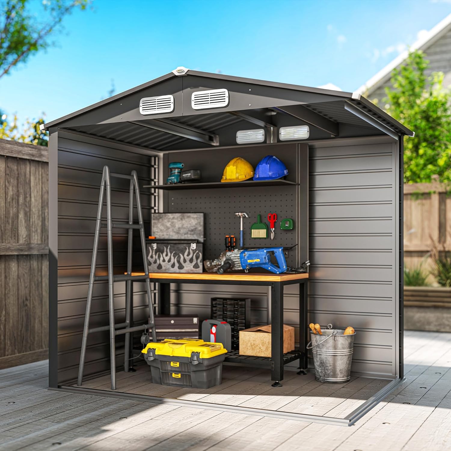 Outsunny Abri de Jardin en métal 2,27 m², Structure en Acier galvanisé améliorée, abri à Outils extérieur, toiture 2 pans avec aérations, Gants et Cadenas Inclus, 190x131x188cm, Gris