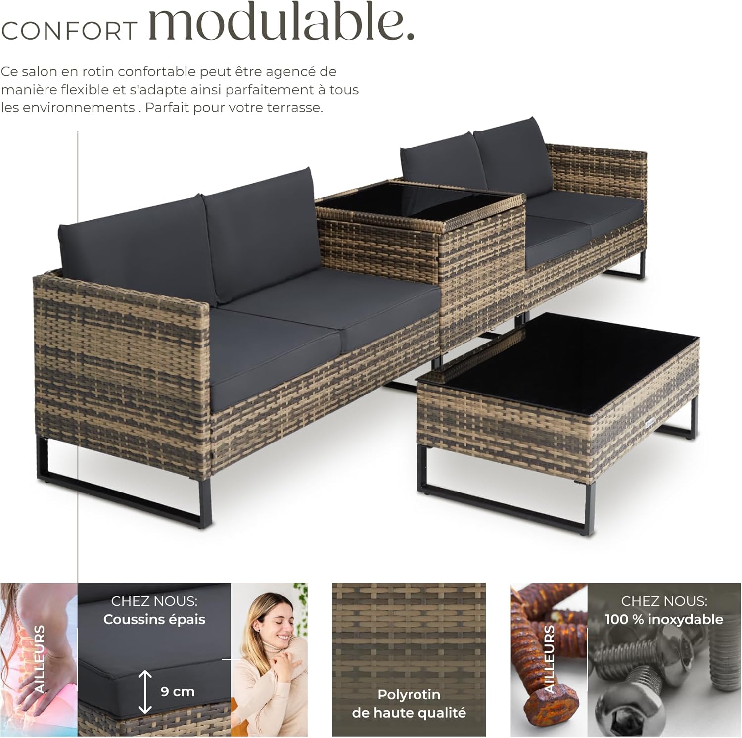 tectake - Ensemble modulable 4 places rotin, table basse, coffre, coussins