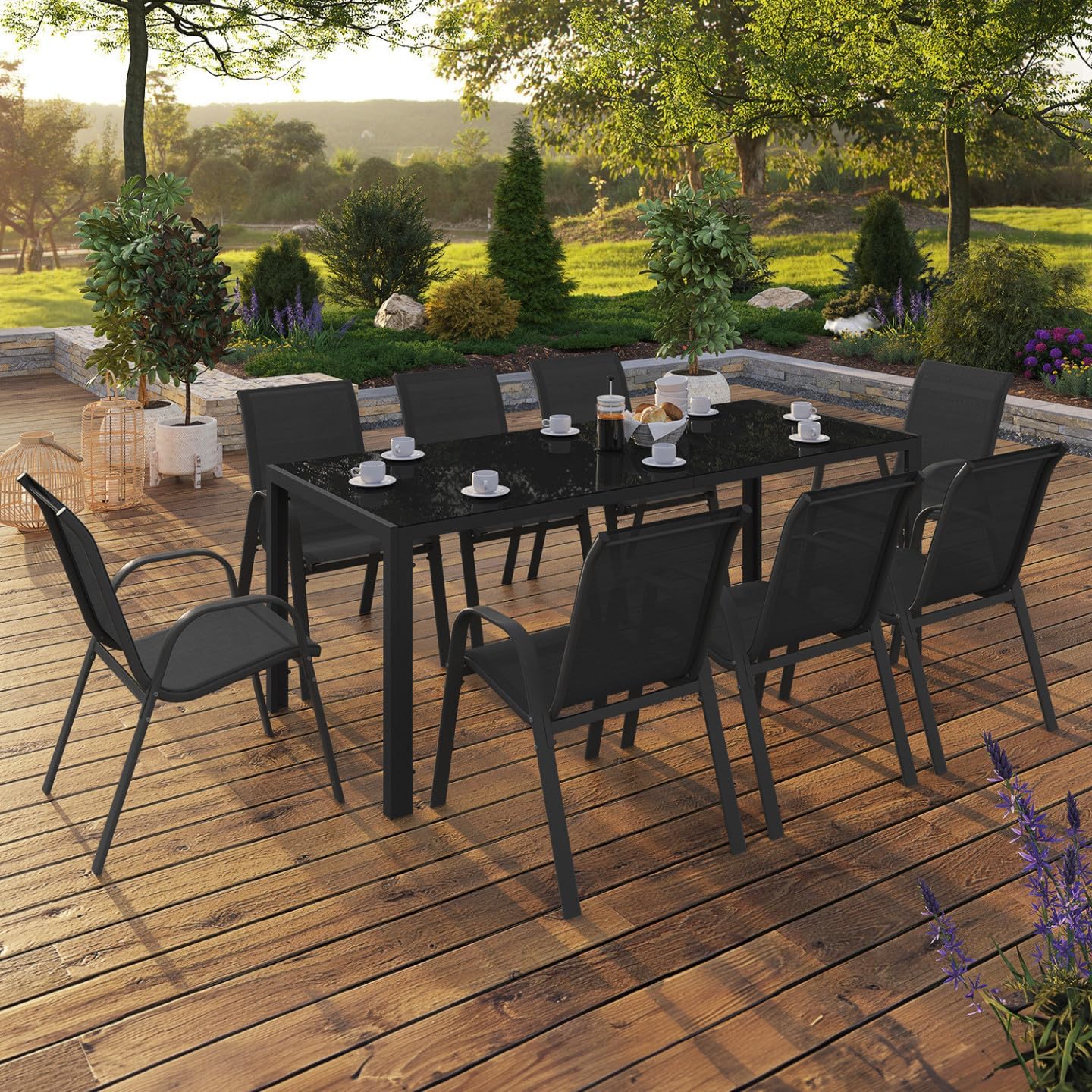 IDMarket - Madrid salon jardin, table 190cm, 8 chaises empilables noires