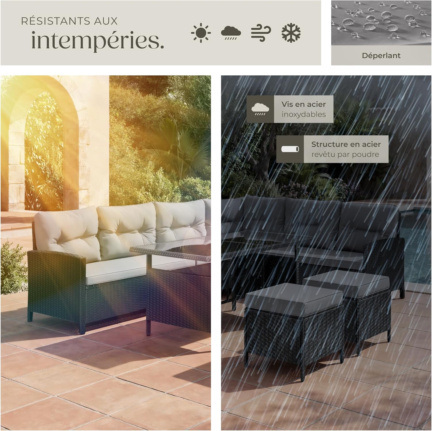 tectake - salon jardin modulable rotin - canapé angle, verre, poufs, coussins
