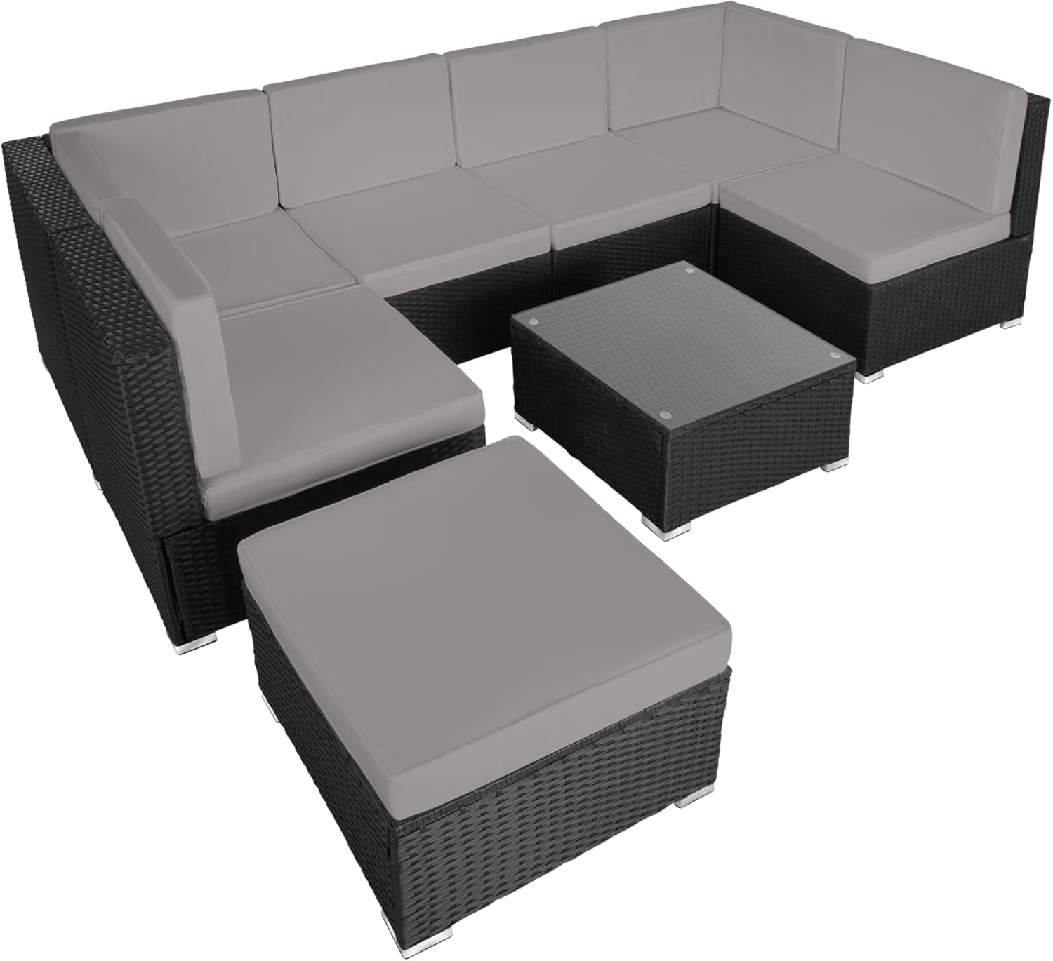 tectake - Salon de Jardin modulable 6 places, confort rotin, table + pouf, noir/gris