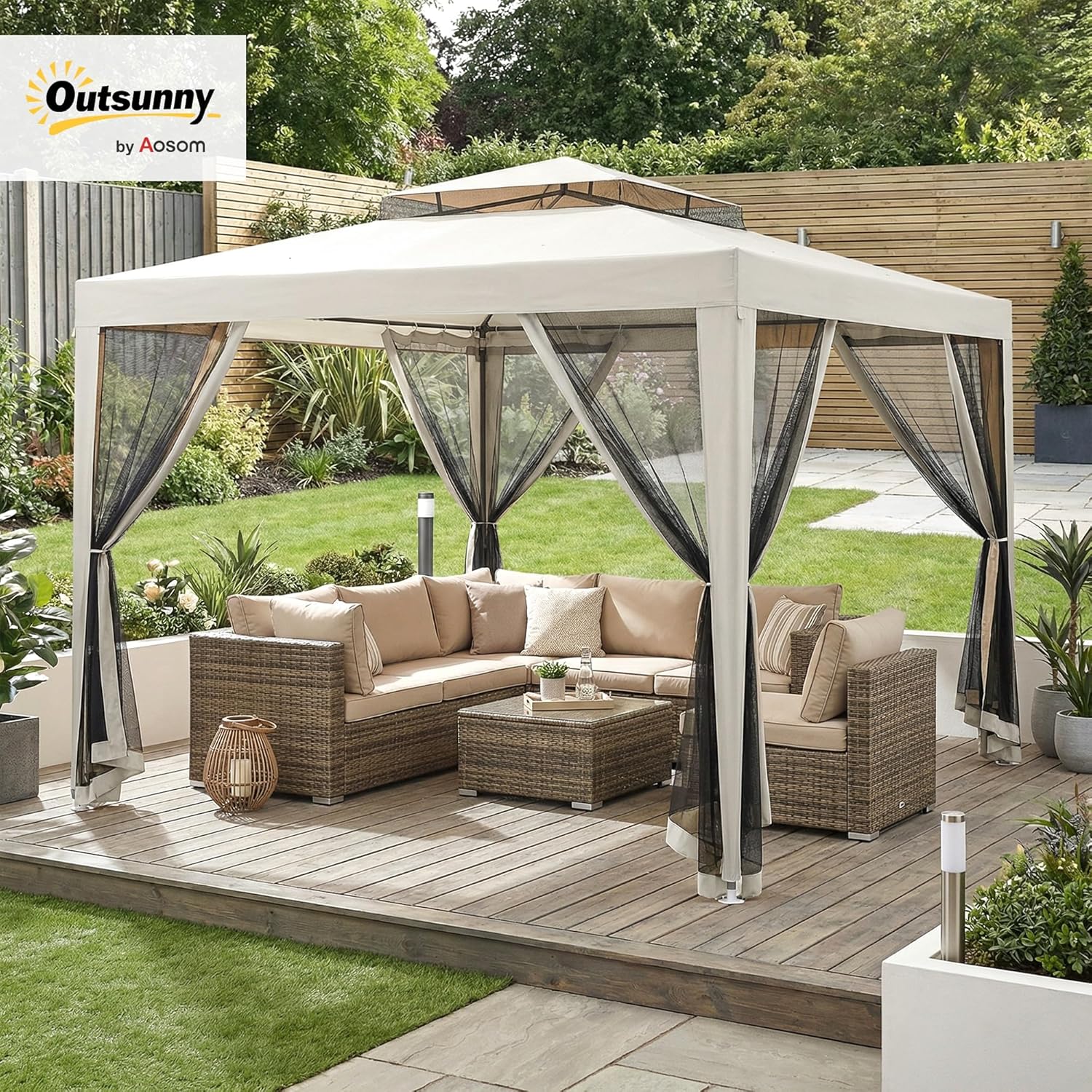 Outsunny - Tonnelle série Barnum - 3x3 m - moustiquaires, double toit, crème