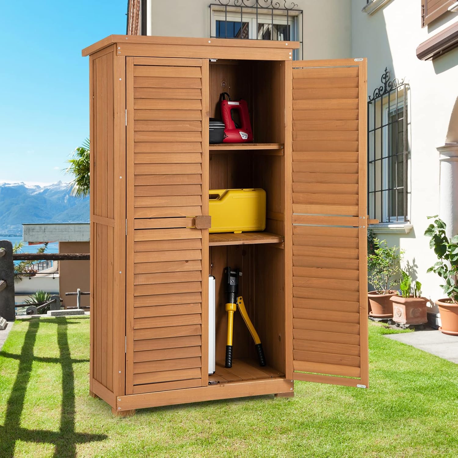 RELAX4LIFE - armoire de jardin bois 82x42x160cm, 3 étagères, toit asphalte