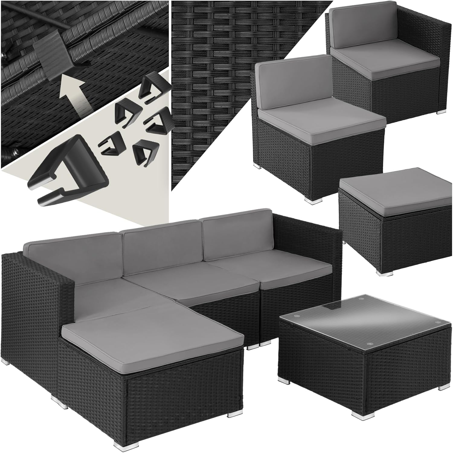 tectake - Salon de jardin modulable 4 places, poly rotin, 3 fauteuils, 1 table, terrasse