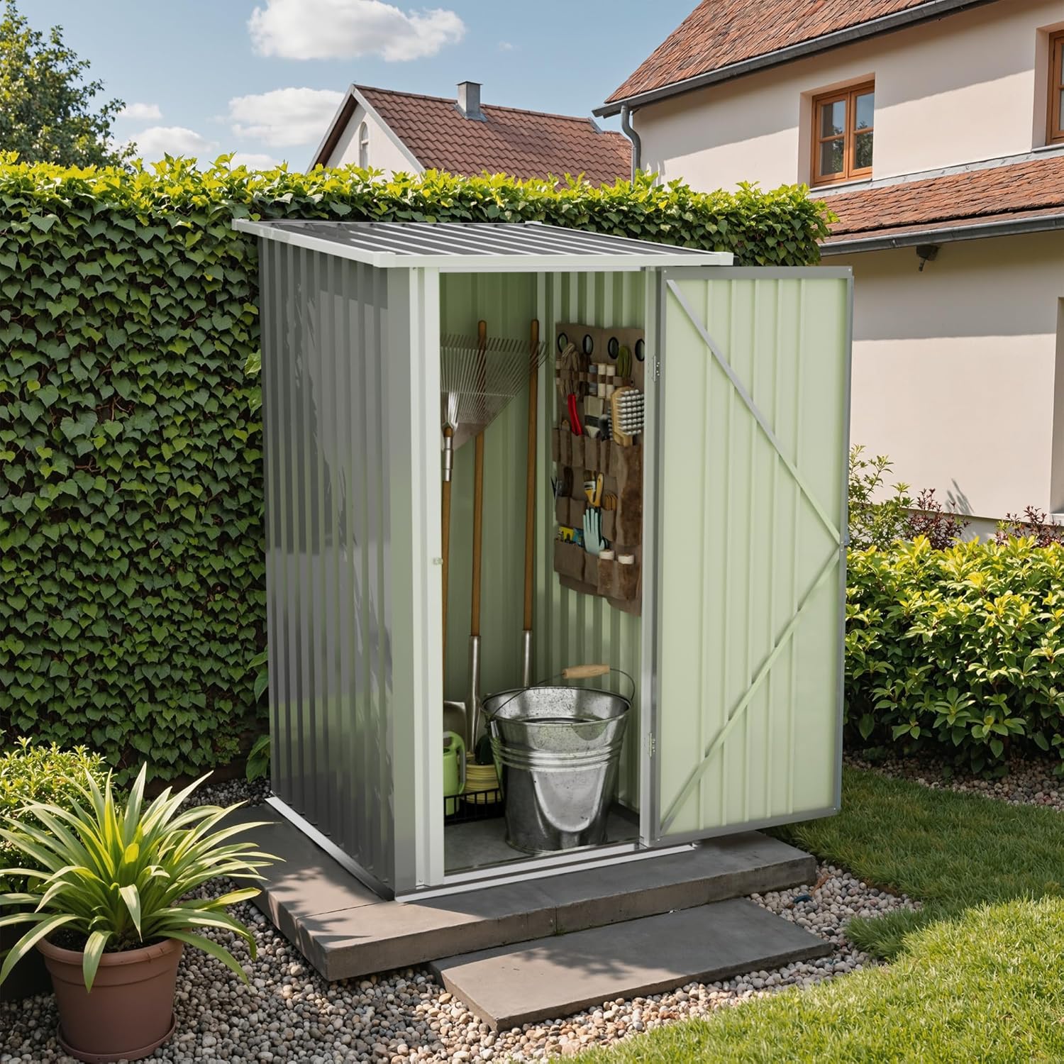 Devoko Abri de jardin en métal 96x98x160 cm, abris de jardin avec toit en appentis, robuste et inoxydable, gants de travail inclus, porte pivotante verrouillable, petit abri de jardin en acier pour