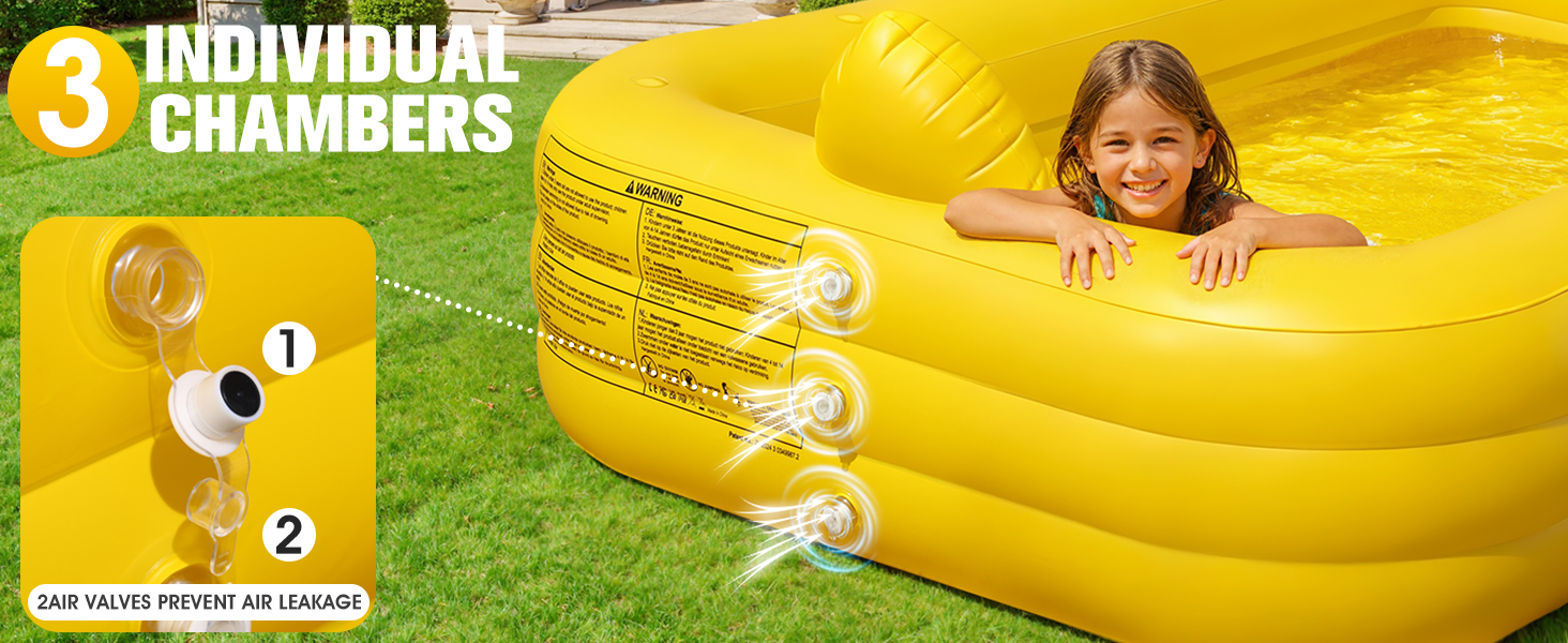 Le texte indique « 3 CHAMBRES INDIVIDUELLES ». Tube de piscine gonflable jaune avec trois chambres à air séparées et des sections numérotées pour plus de sécurité.