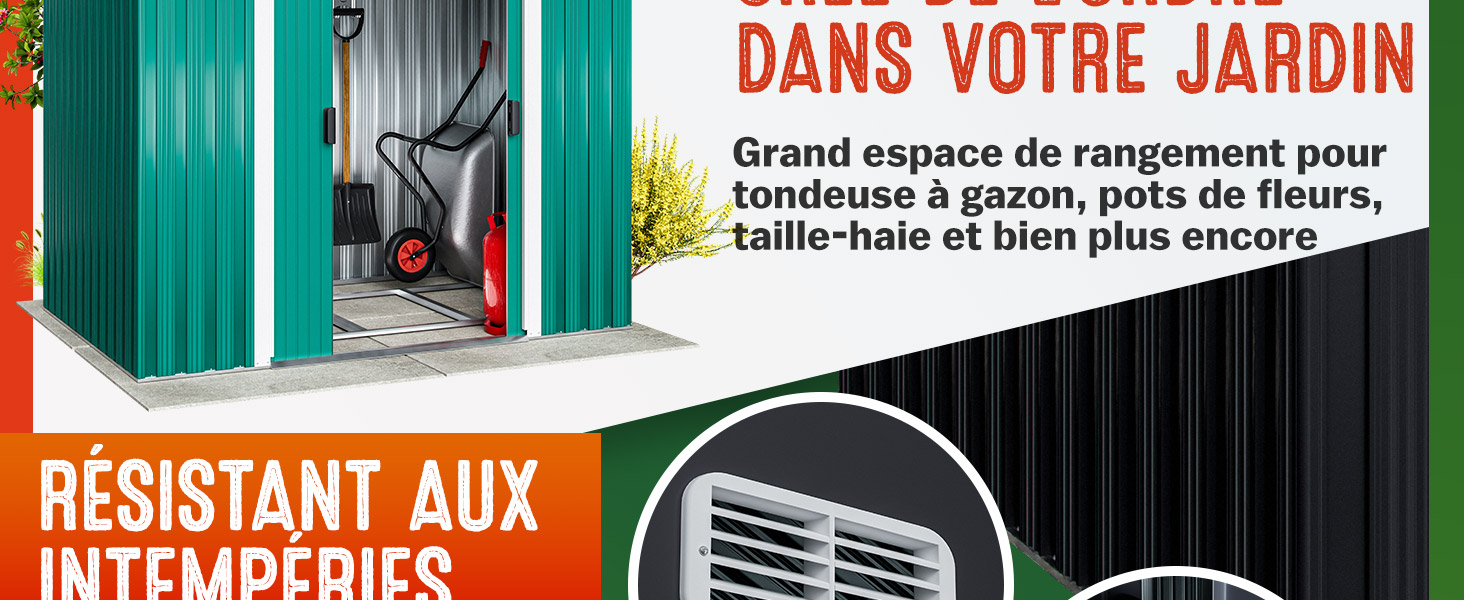 Écran d'intimité extérieur vert ou panneau de clôture avec texte indiquant la résistance aux intempéries, illustré dans un jardin avec des éléments décoratifs.