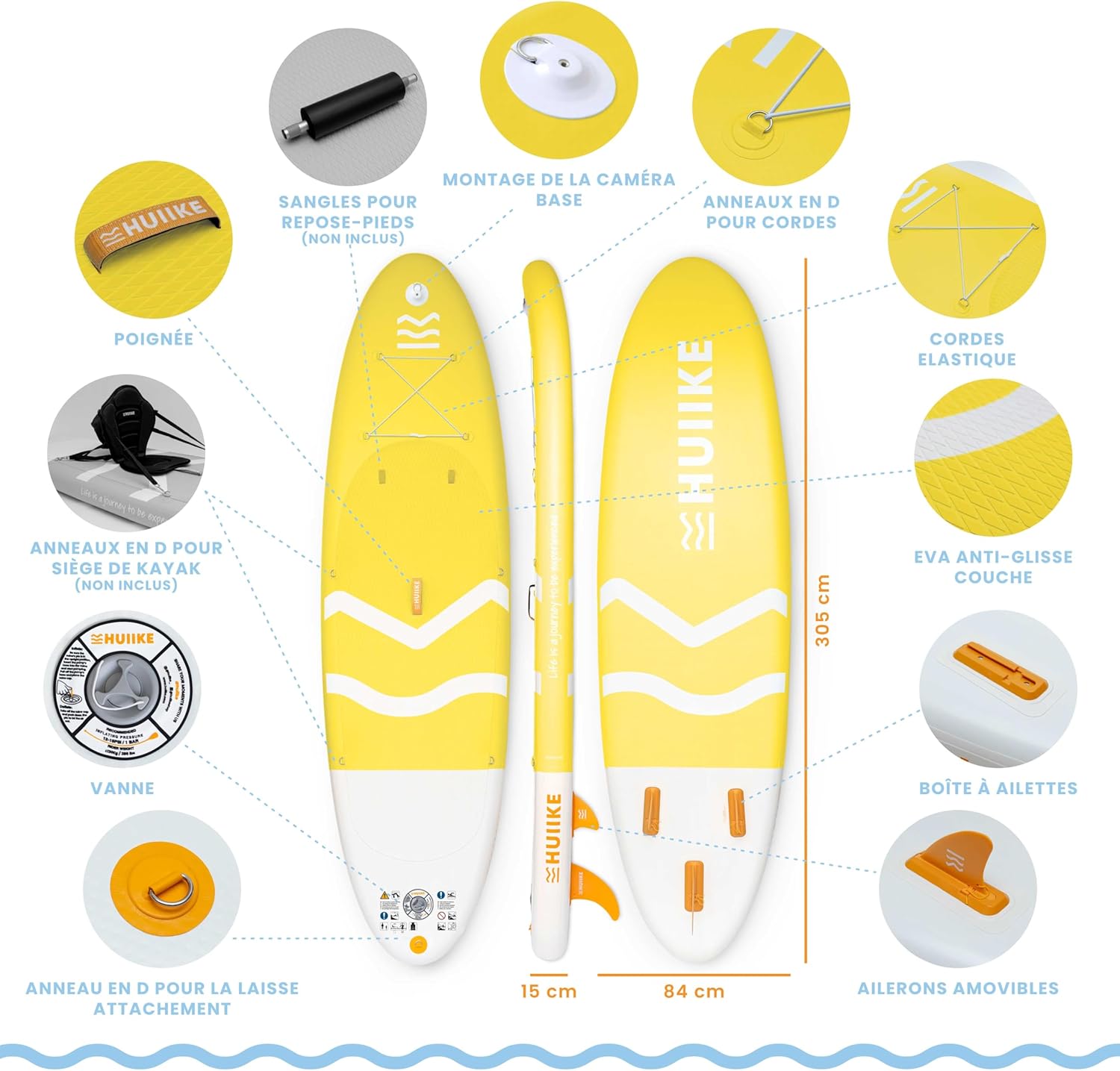 HUIIKE Paddle Gonflable Adulte avec Accessoires Inclus, Pagaie, Ailerons, Pompe. Planche de Stand Up Paddle Grande Stabilité et Résistance. 305 x 84 x 15 cm, Jusqu'à 130 kg