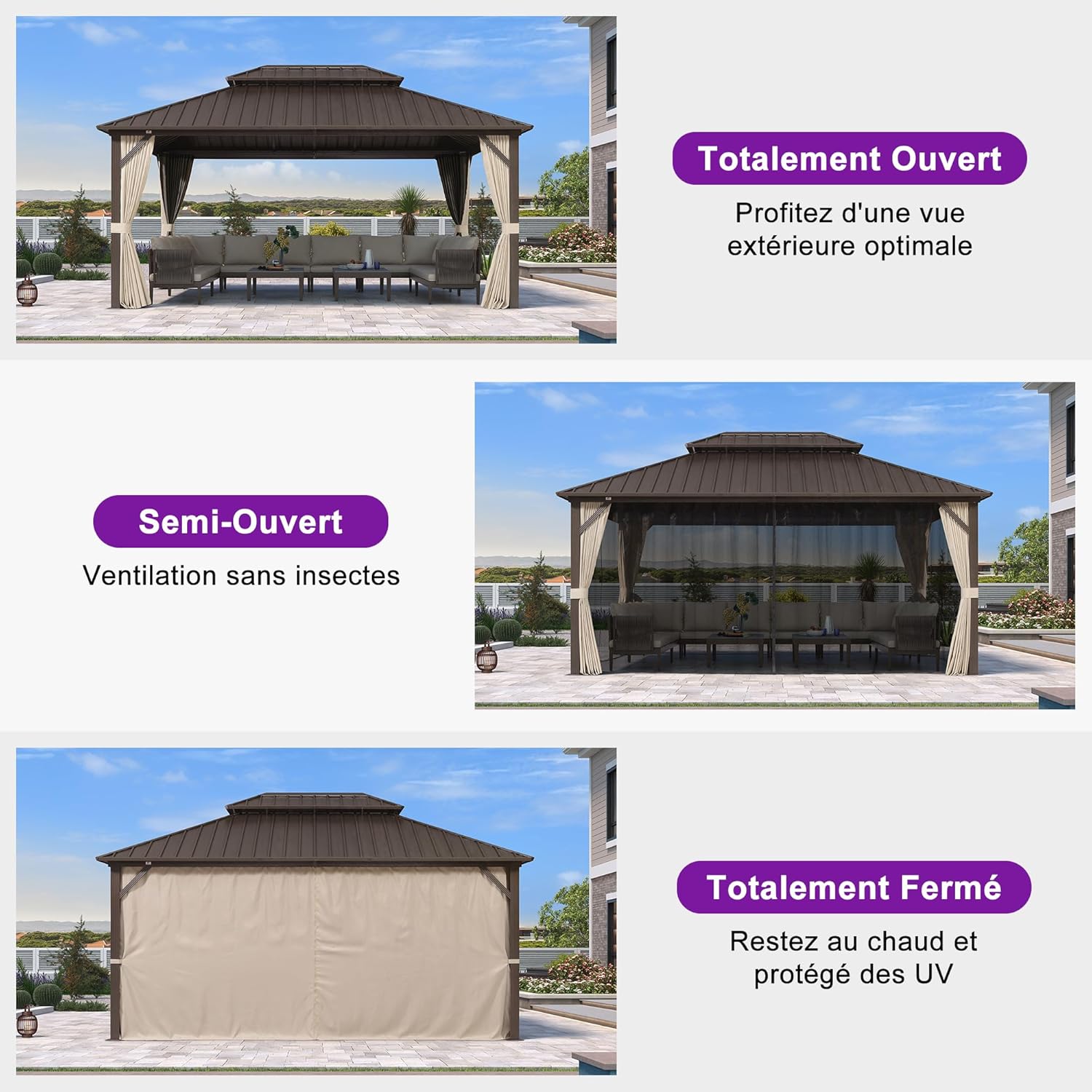 PURPLE LEAF - Pergola Toit Rigide - 4,85x3,65m - Aluminium, Rideaux, Guirlande