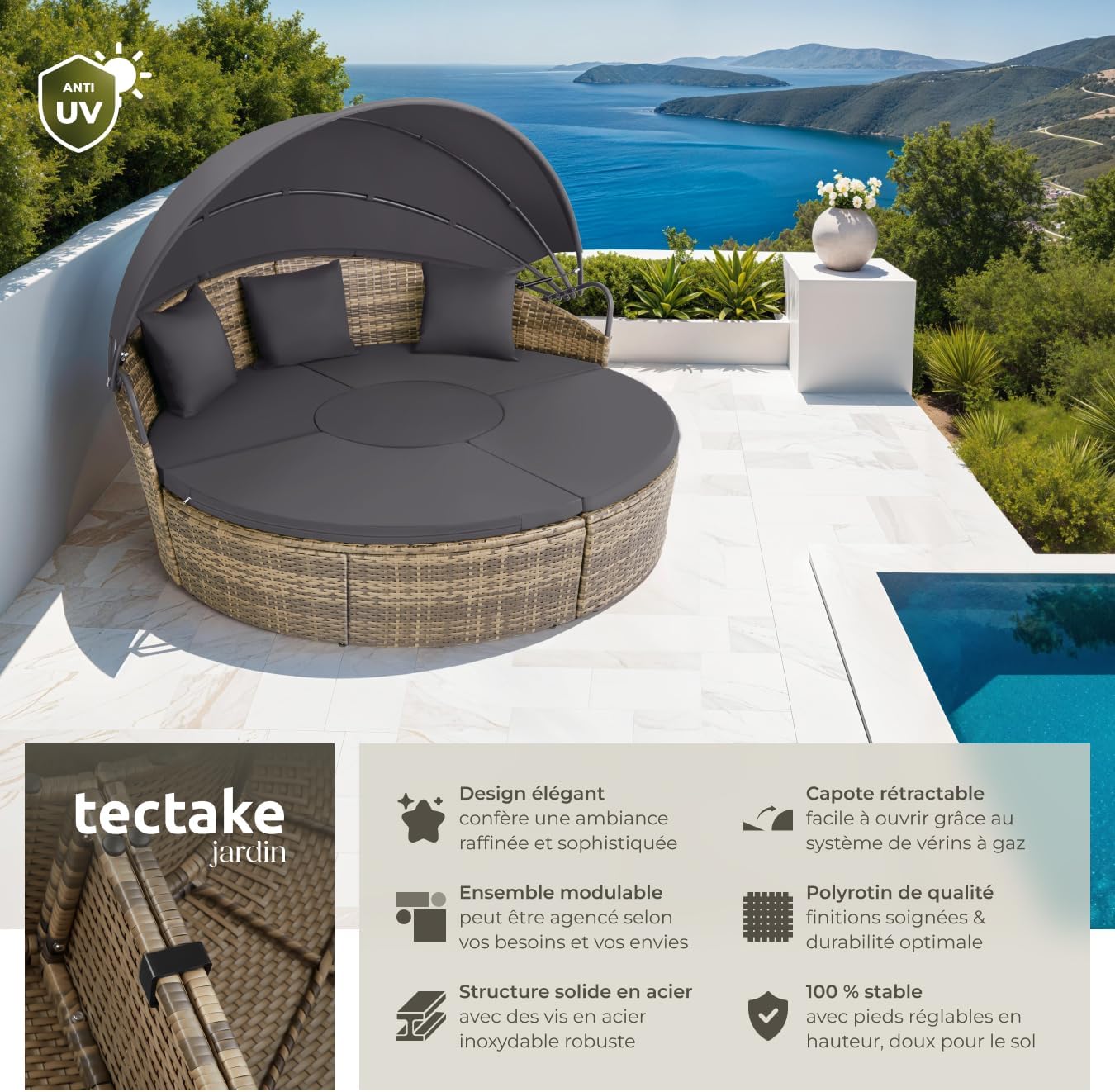 tectake - Bain de soleil modulable avec pare-soleil, coussins inclus, résine tressée, relax extérieur