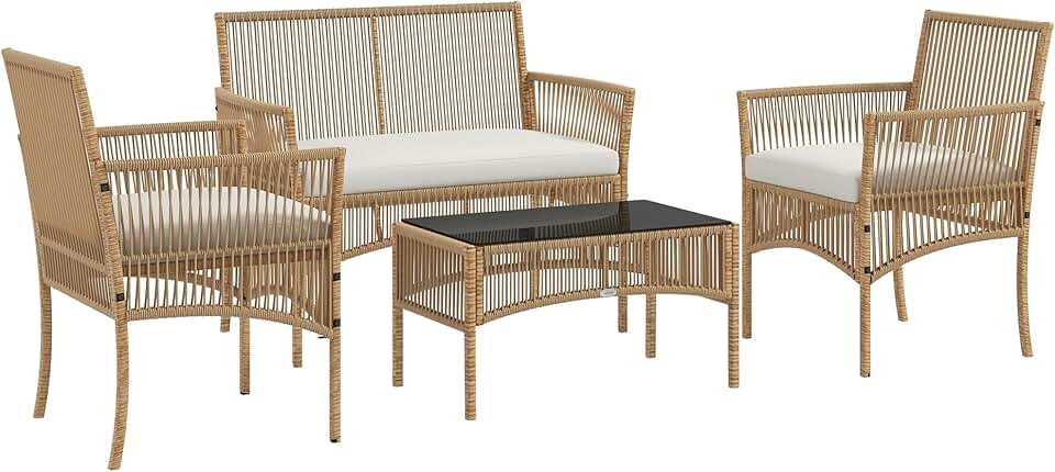 Outsunny - Salon de jardin 4p - métal/résine, coussins beige, table verre