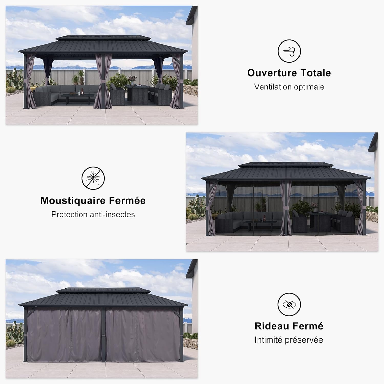 PURPLE LEAF - pergola double toit 6x3m, alu & acier, rideaux & moustiquaire
