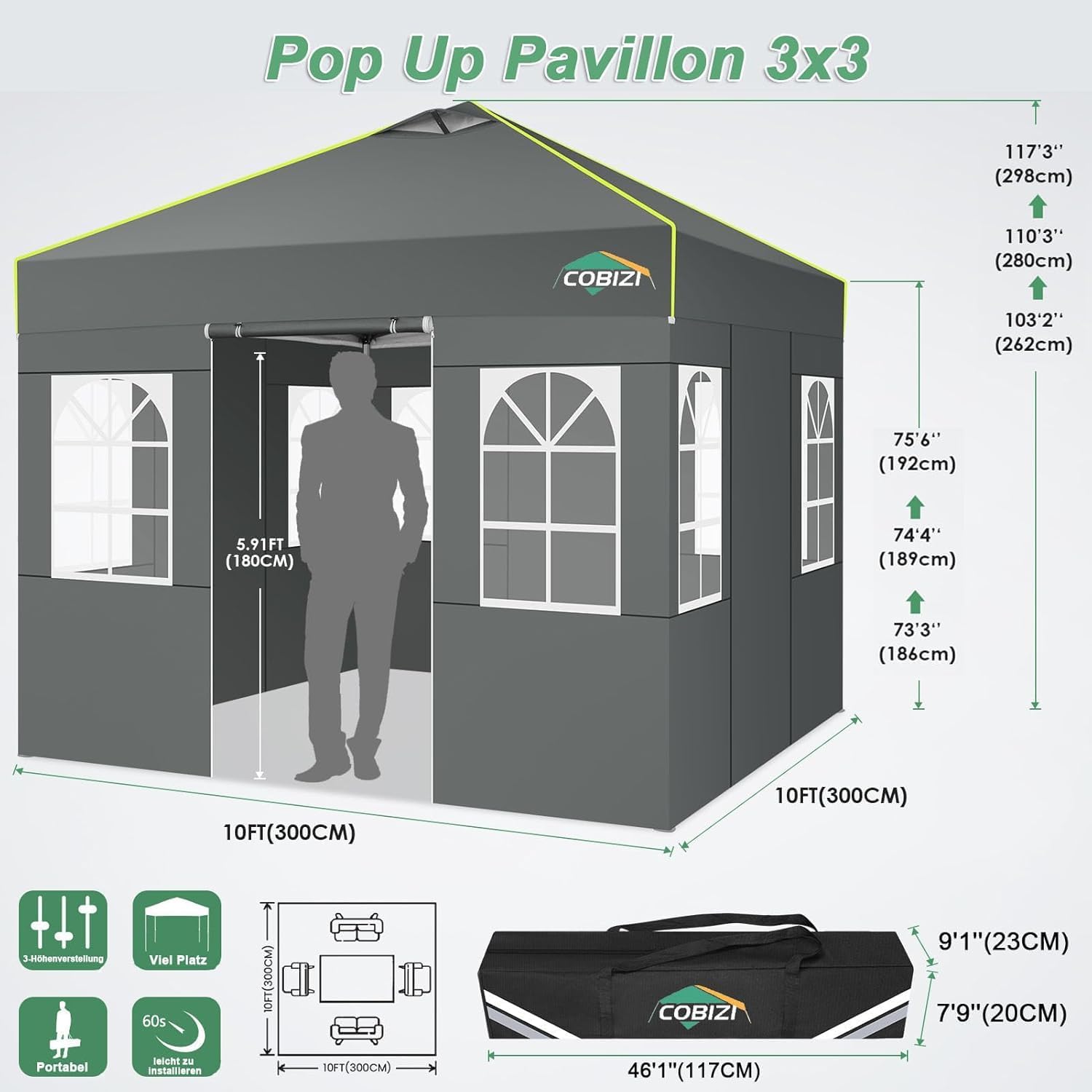 COBIZI - tonnelle pliante série - 3x3m - étanche, stable, UV, pliable, 4 parois, ouverture filet, bandes réfléchissantes