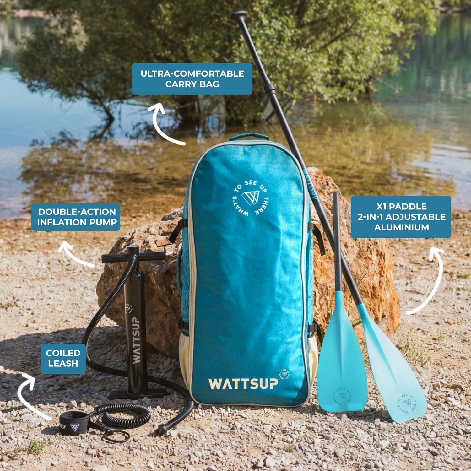 Wattsup - Sup Stand Up Paddle Gonflable - Gamme Essentials - Dropstitch - Pack Complet : Pagaie 2in1 Leash Pompe Sac de Transport