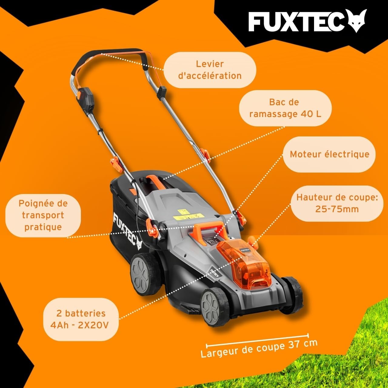 FUXTEC - Tondeuse à gazon E2RM37 - 37 cm - batterie 40V, hauteur réglable E2RM37