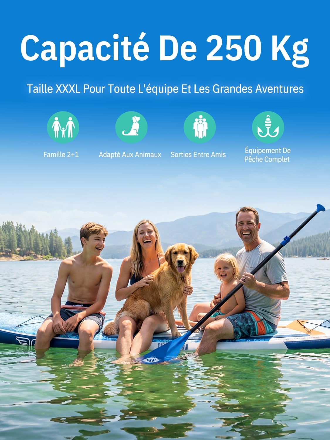 Niphean Extra Large Paddle Gonflable, Sup à 2+1 Personnes/Famille, Planches de Stand Up Paddle Gonflables avec (Idéal Débutant) Aileron Équilibré, Housse Étanche, Paddle Gonflable Adulte, Cadeaux