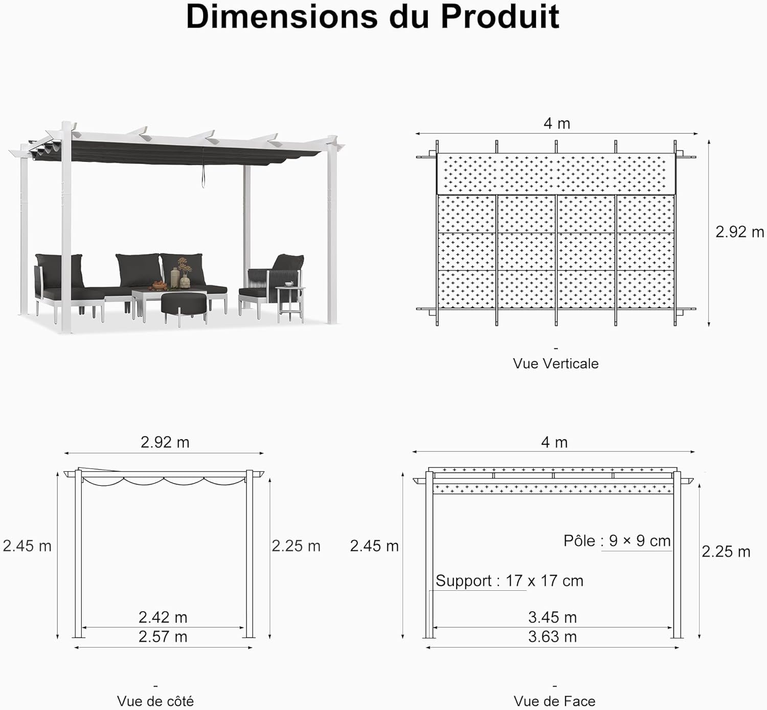 PURPLE LEAF - pergola aluminium série - 4x3m - toit métal blanc, toile rétractable, étanche