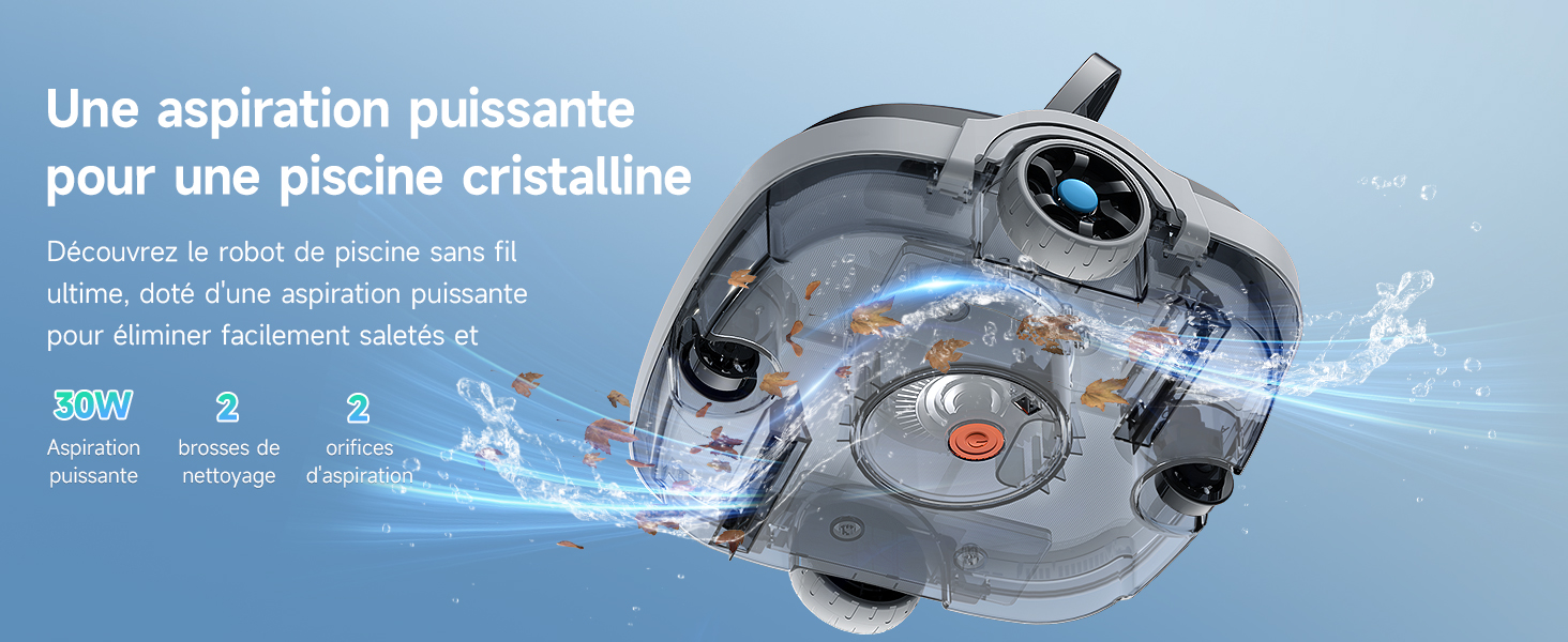 Le texte se lit comme suit : « Une aspiration puissante pour une piscine cristalline ». Équipement de nettoyage de piscine illustré sous l'eau avec mécanisme d'aspiration.