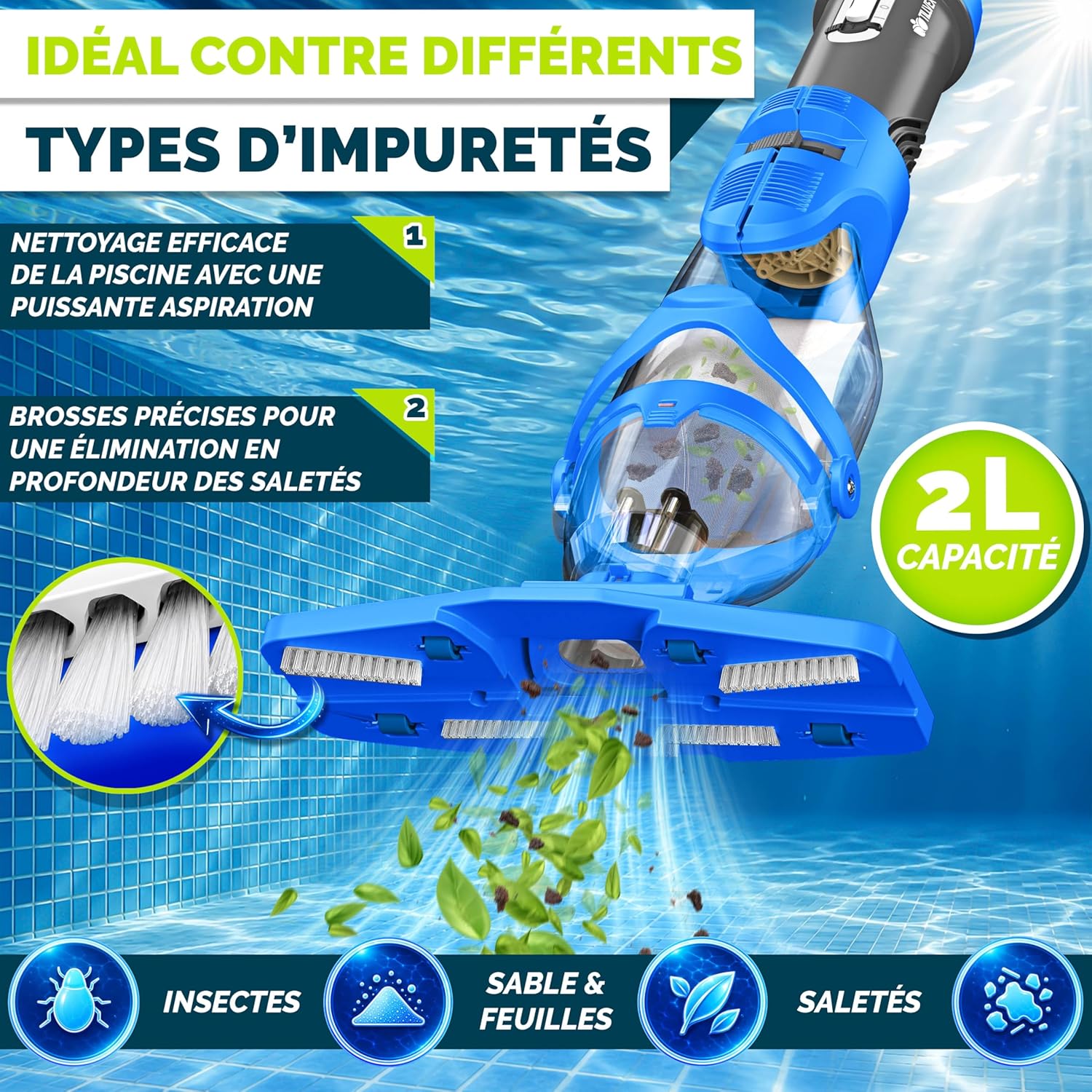 tillvex - Aspirateur piscine électrique - manche télescopique, filtre, autonomie 60min